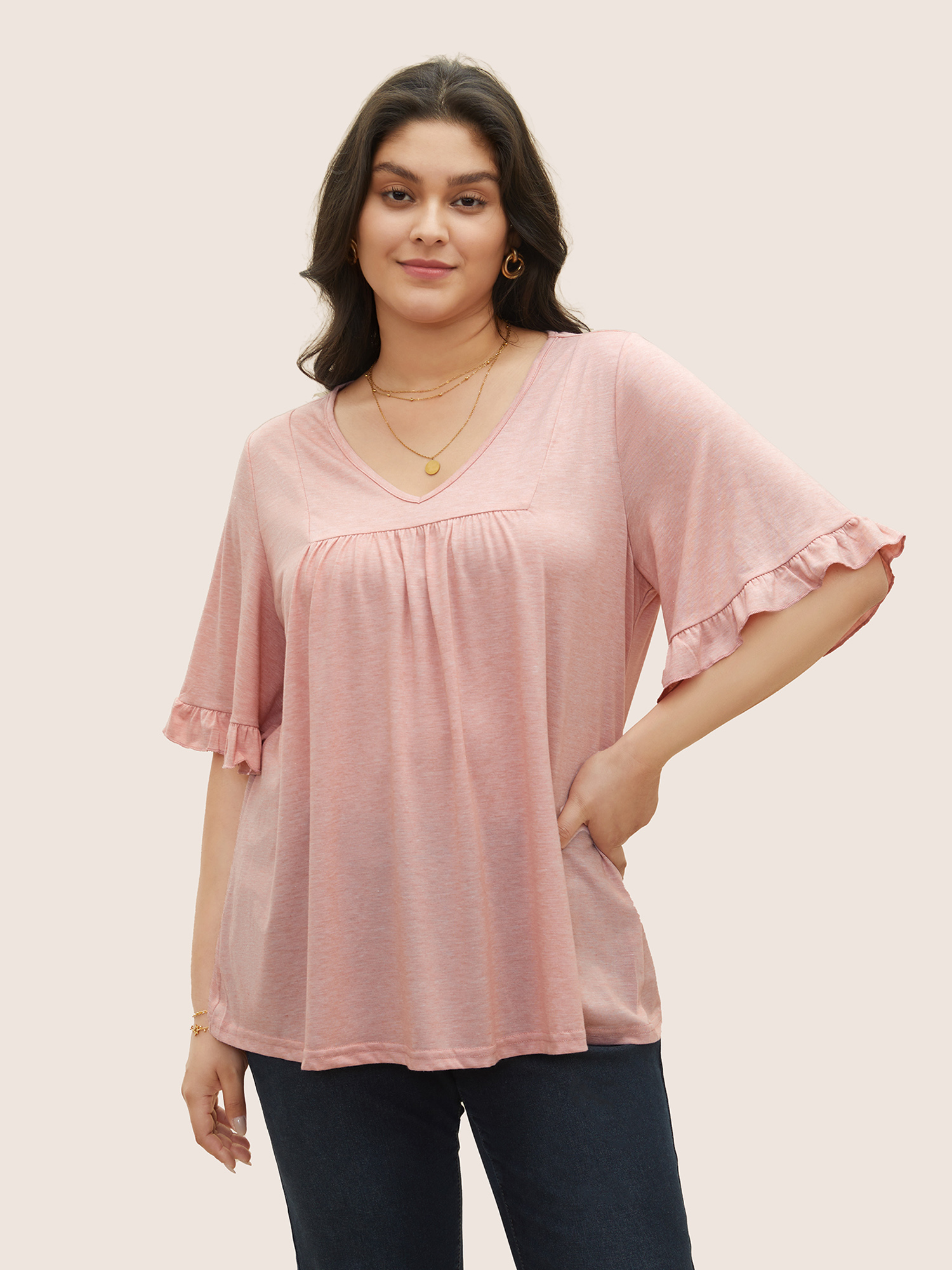 

Plus Size Solid Gathered Ruffle Trim Flounce Sleeve T-shirt Crepe Women Elegant Tiered Plain V-neck Everyday T-shirts BloomChic