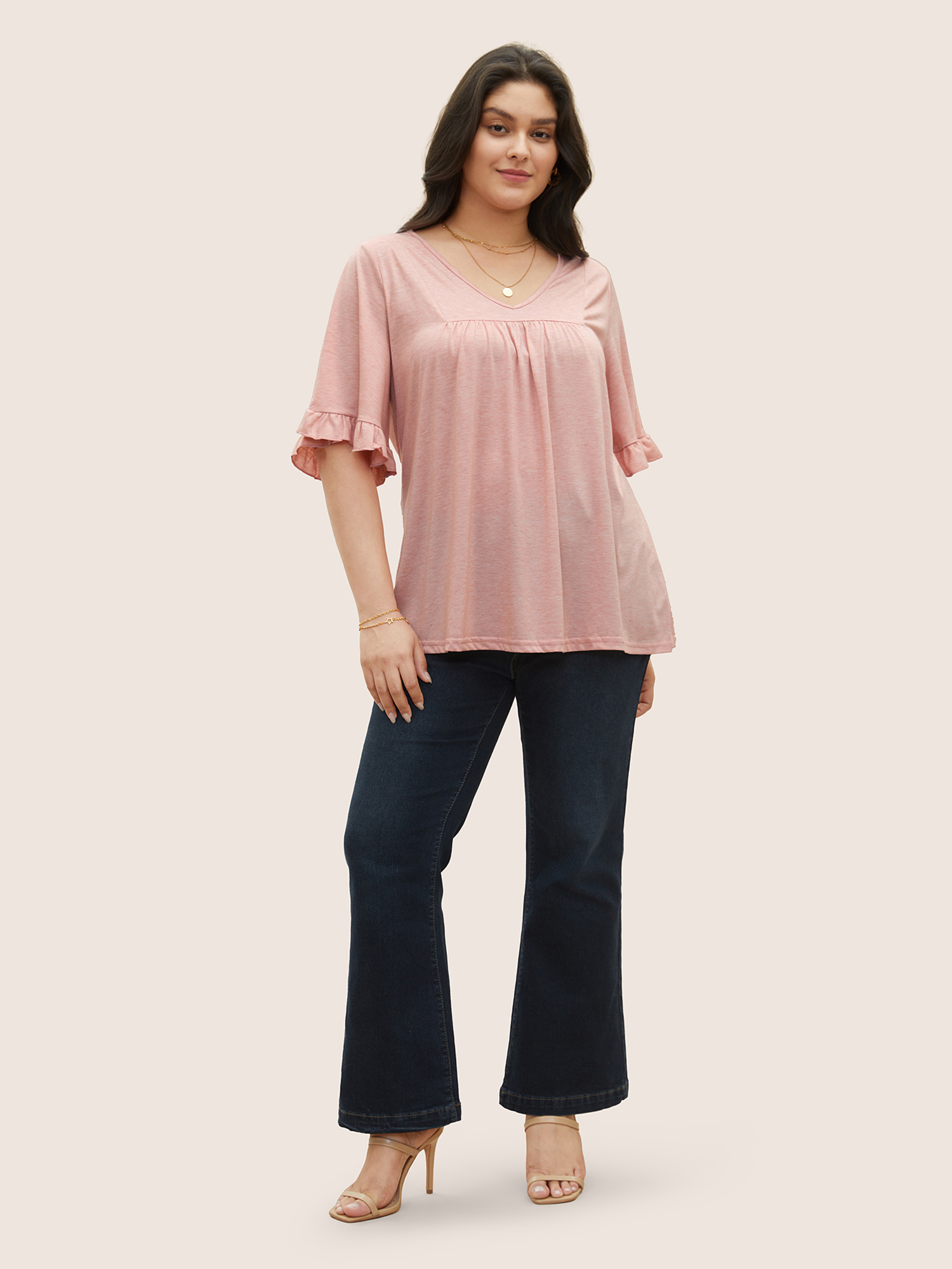

Plus Size Solid Gathered Ruffle Trim Flounce Sleeve T-shirt Crepe Women Elegant Tiered Plain V-neck Everyday T-shirts BloomChic