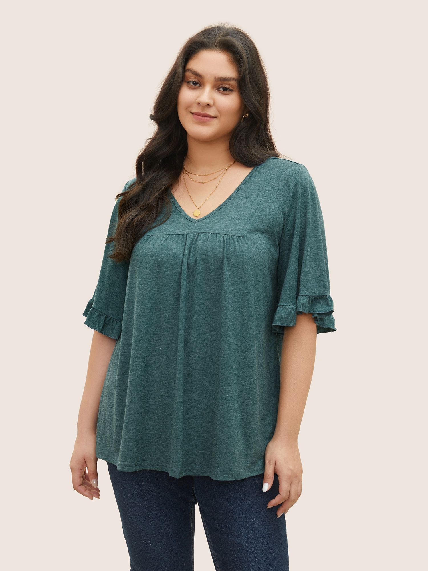 

Solid Gathered Ruffle Trim Flounce Sleeve T-shirt, Darkgreen