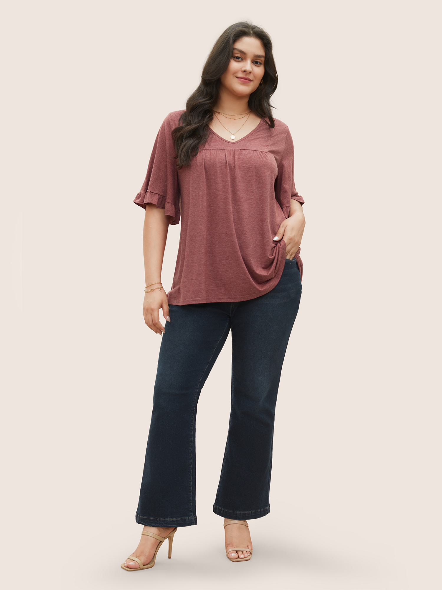 

Plus Size Solid Gathered Ruffle Trim Flounce Sleeve T-shirt Russet V-neck Half Sleeve Elegant Jersey Tops