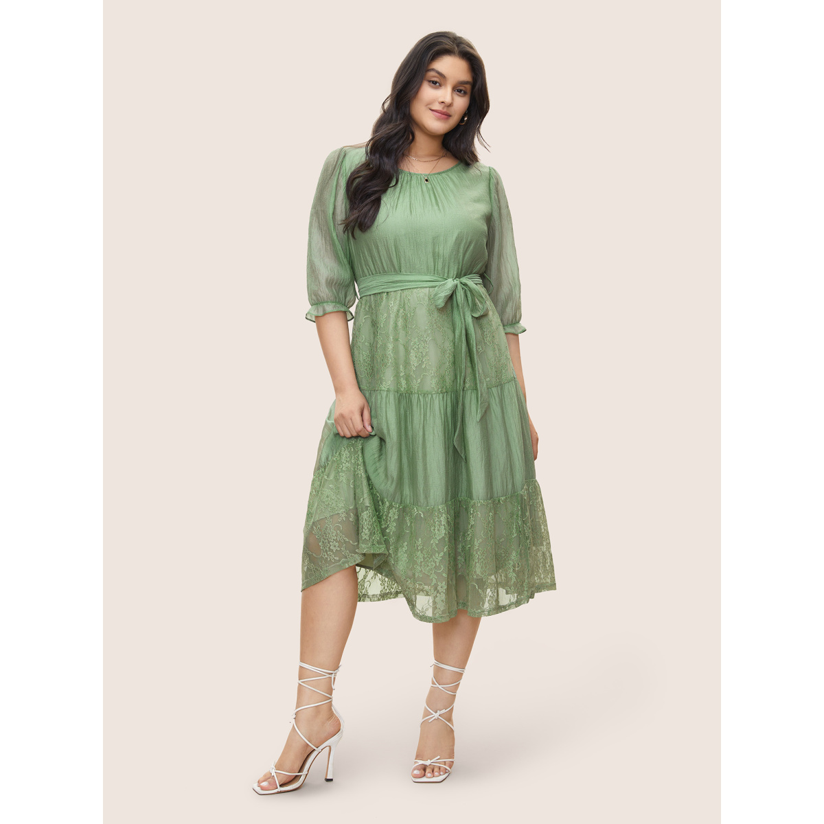 

Plus Size Tiered Lace Patchwork Belted Gathered Dress Sage Women Non Curvy Midi Dress BloomChic