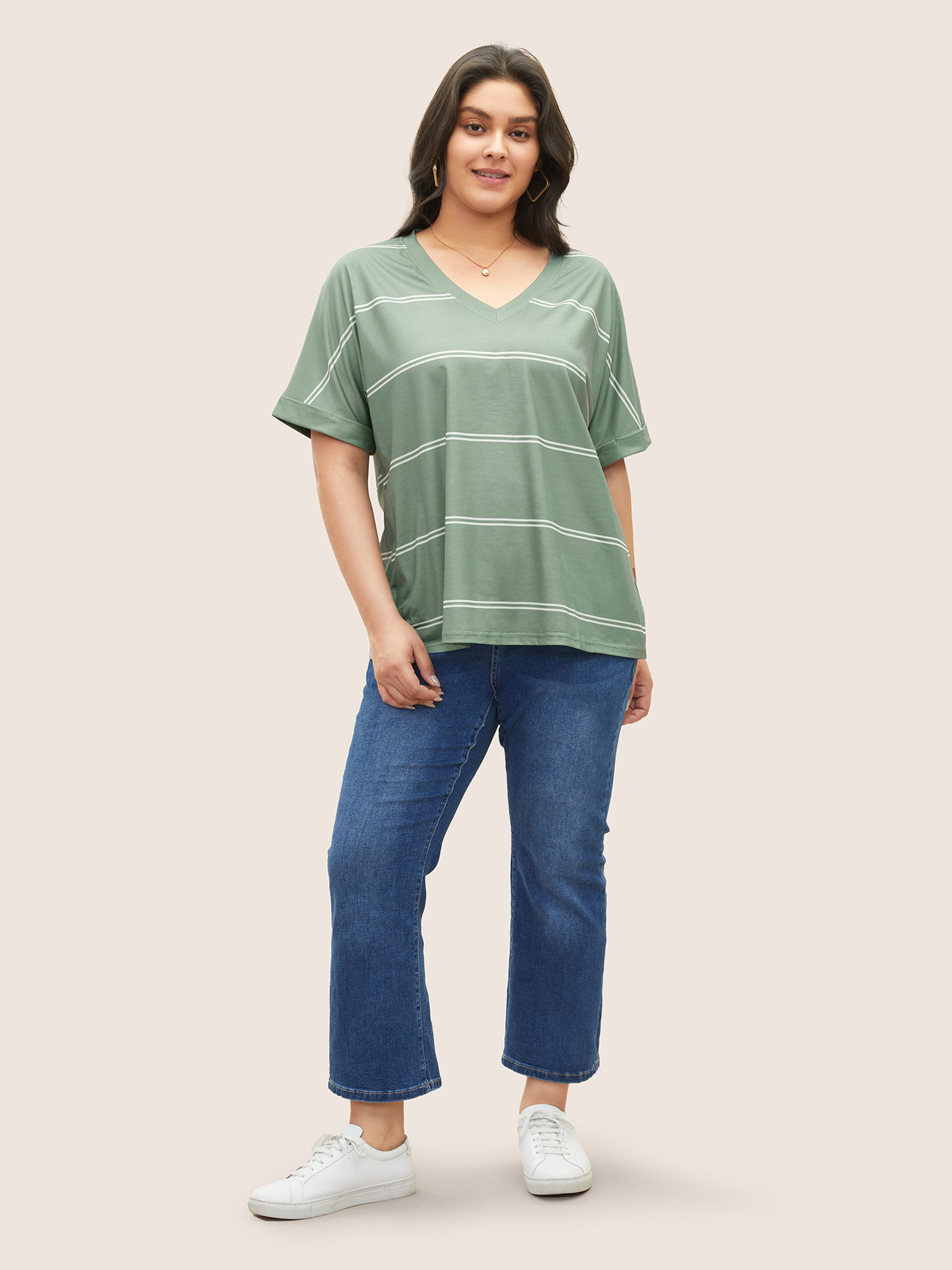 

Plus Size Striped Contrast Dolman Sleeve T-shirt Mint Women Casual Striped V-neck Everyday T-shirts BloomChic