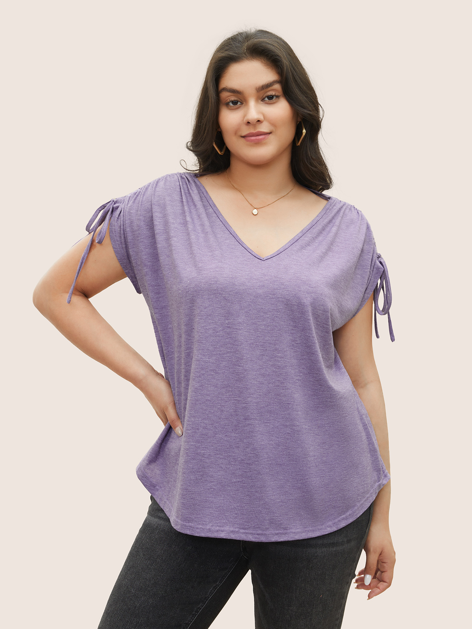 

Plus Size Solid Drawstring Dolman Sleeve T-shirt Mauve Women Casual Drawstring Plain V-neck Everyday T-shirts BloomChic