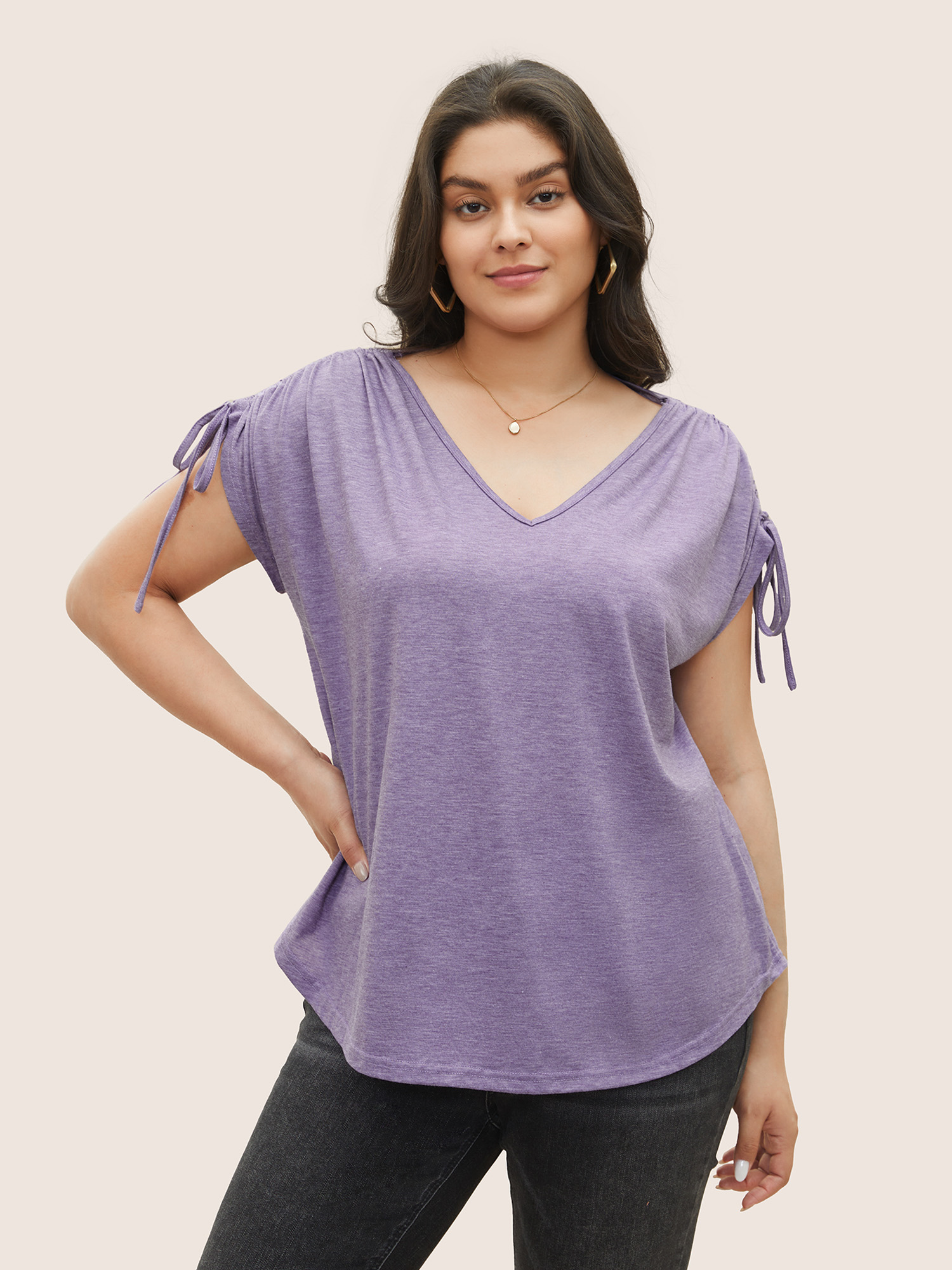 

Plus Size Solid Drawstring Dolman Sleeve T-shirt Mauve V-neck Short sleeve Casual Jersey Tops