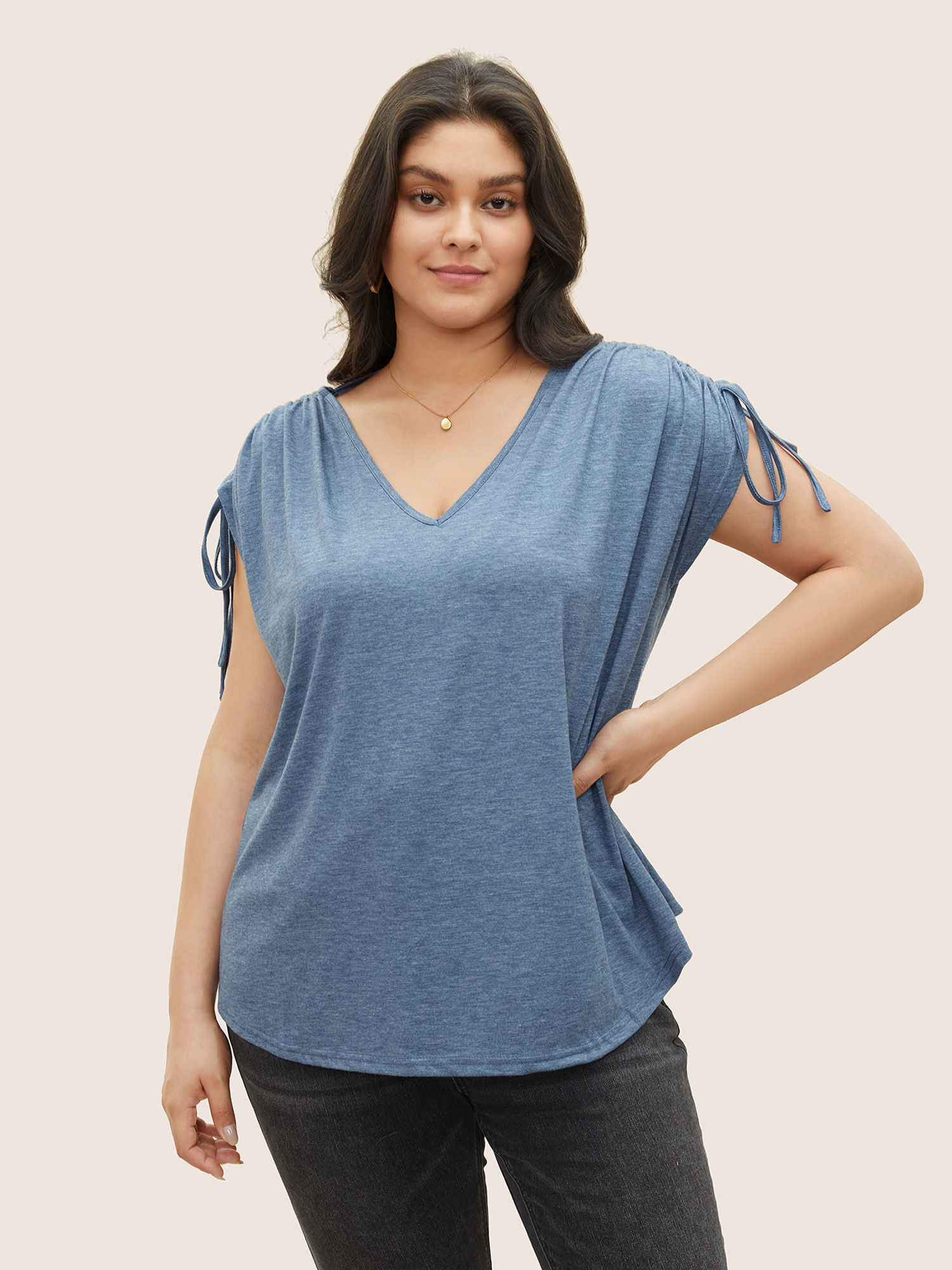 

Plus Size Solid Drawstring Dolman Sleeve T-shirt Stone Women Casual Drawstring Plain V-neck Everyday T-shirts BloomChic