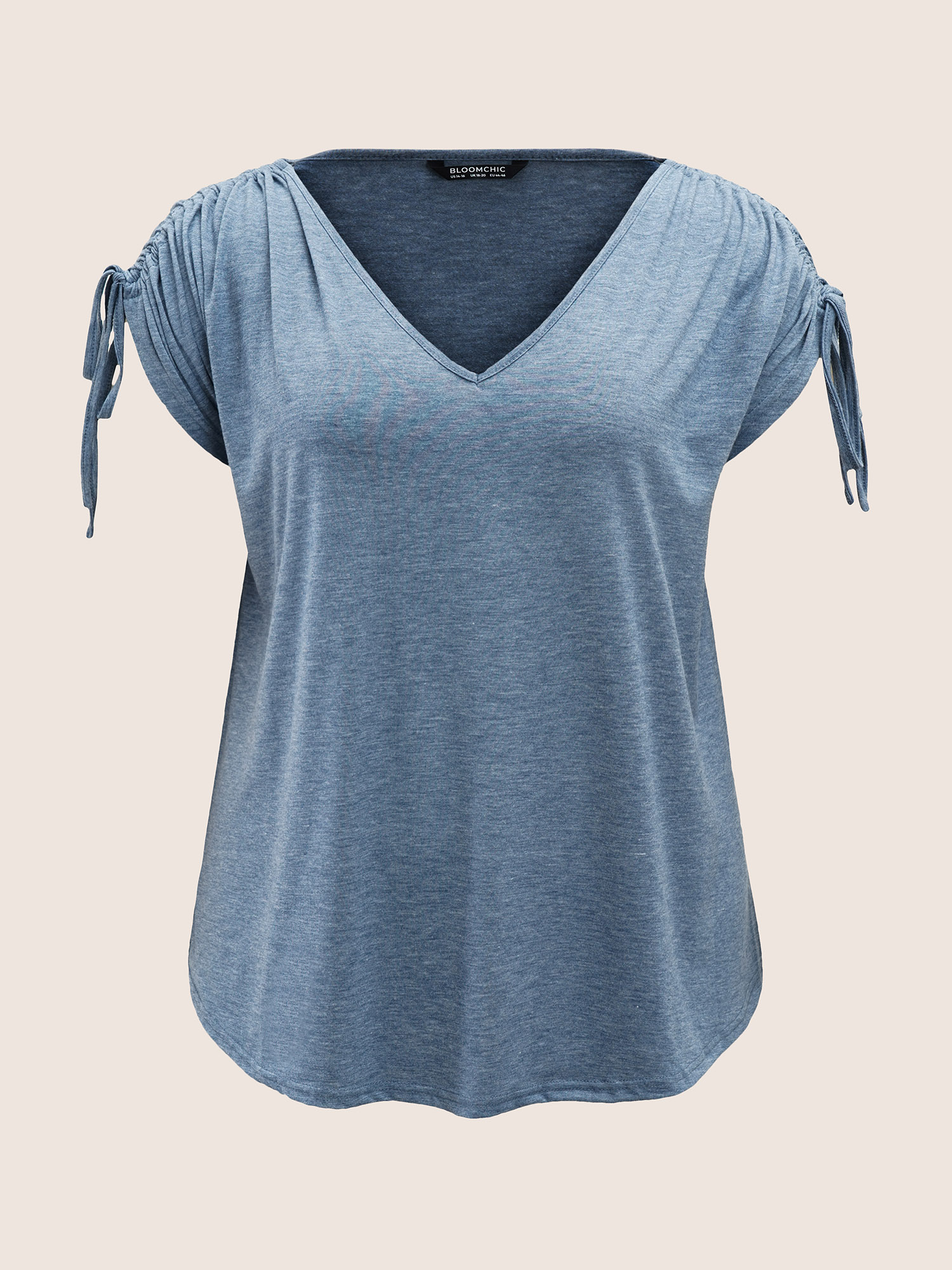 

Plus Size Solid Drawstring Dolman Sleeve T-shirt Stone Women Casual Drawstring Plain V-neck Everyday T-shirts BloomChic