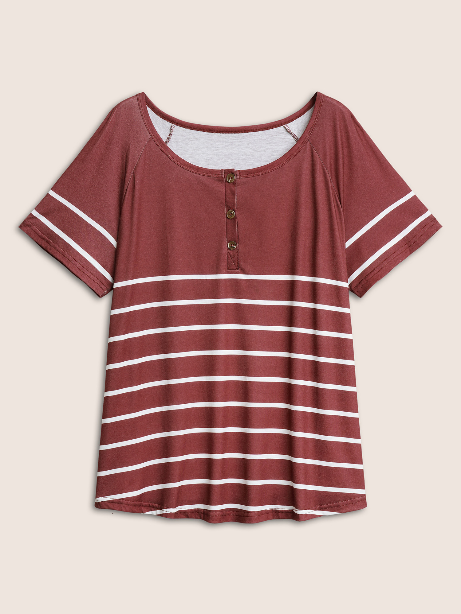 

Plus Size Striped Print Raglan Sleeve Button Up T-shirt Burgundy Women Casual Contrast Striped Round Neck Everyday T-shirts BloomChic