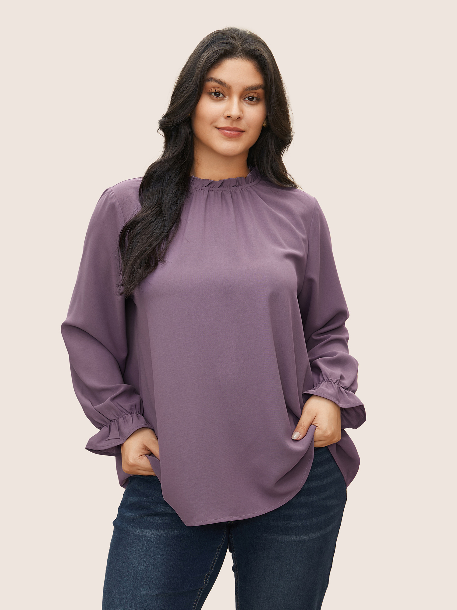 

Plus Size Mauve Plain Lantern Sleeve Ruffle Trim Mock Neck Blouse Women Work From Home Long Sleeve Mock Neck Work Blouses BloomChic