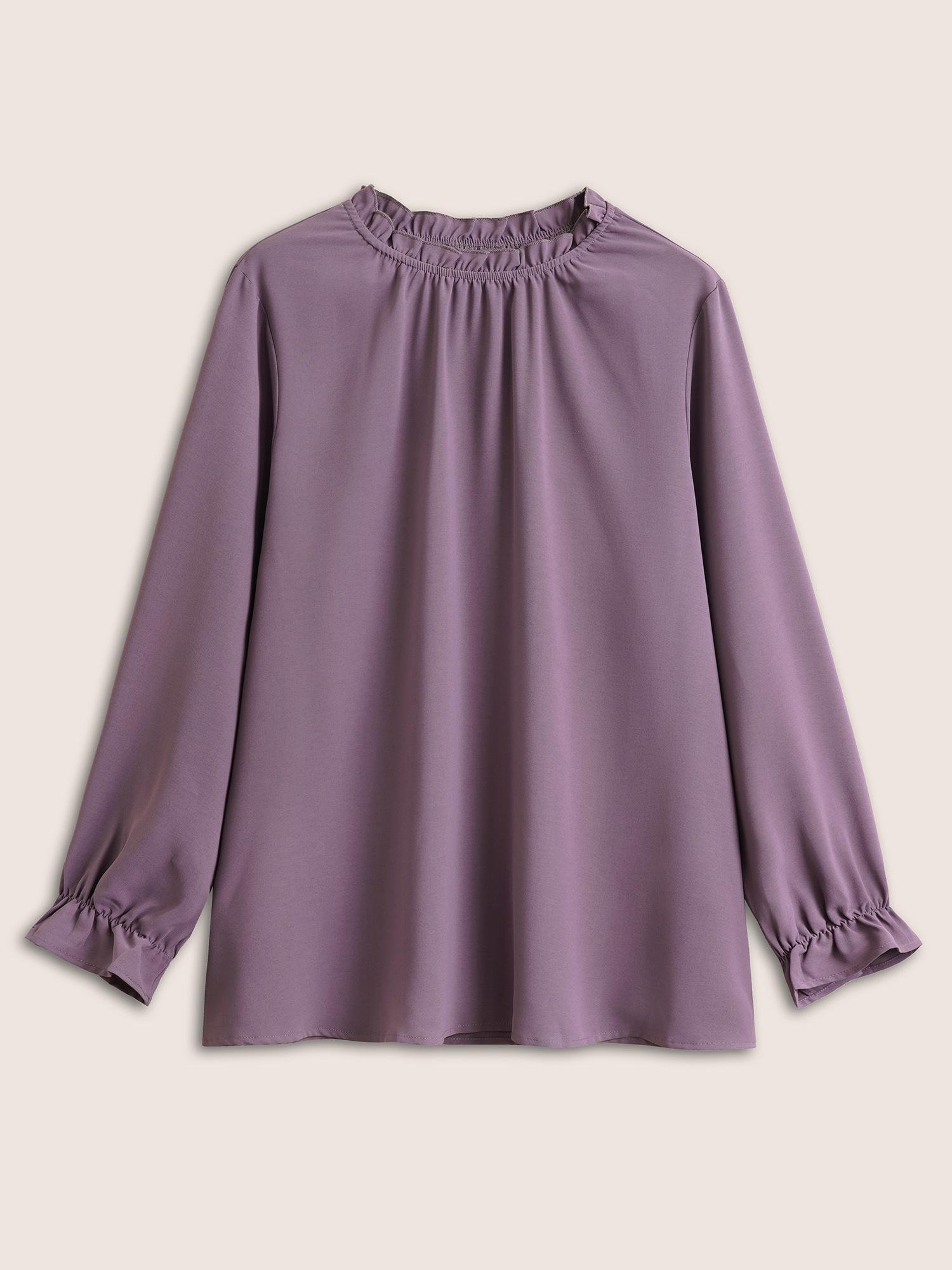 

Plus Size Mauve Plain Lantern Sleeve Ruffle Trim Mock Neck Blouse Women Work From Home Long Sleeve Mock Neck Work Blouses BloomChic