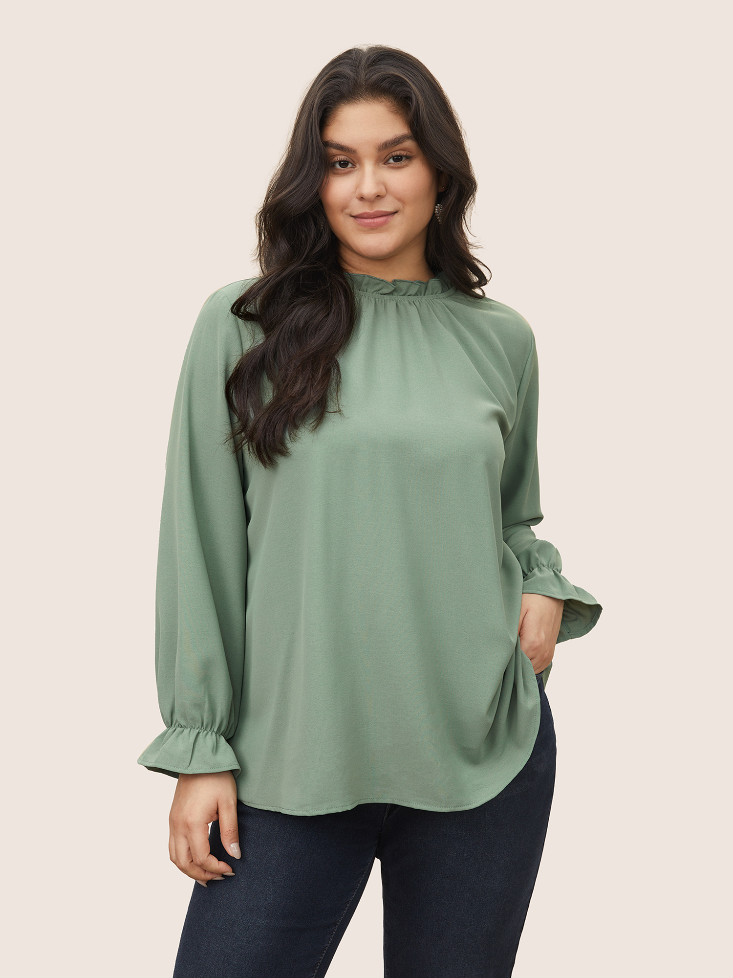 

Plus Size Mint Plain Lantern Sleeve Ruffle Trim Mock Neck Blouse Women Work From Home Long Sleeve Mock Neck Work Blouses BloomChic