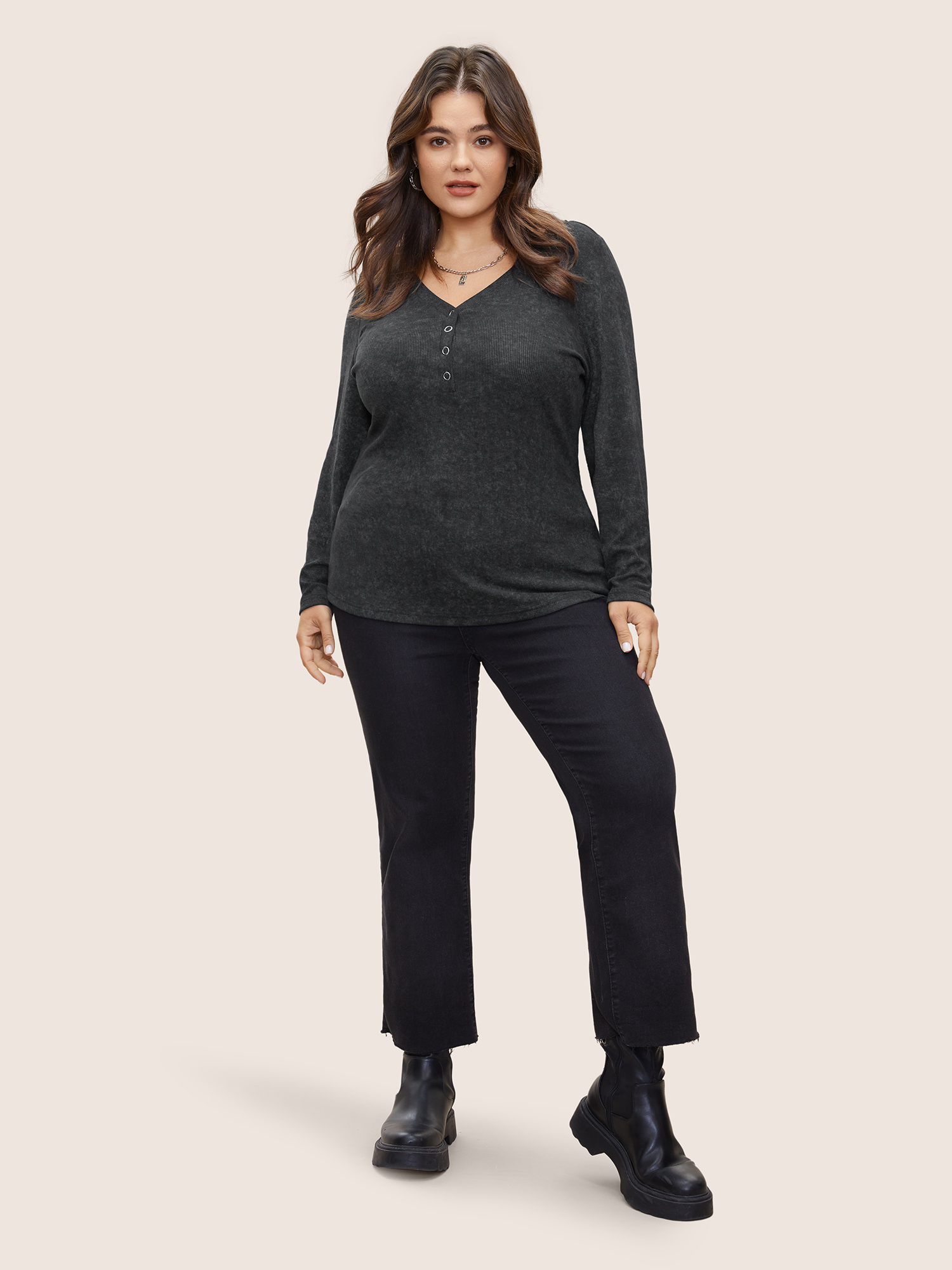 Plus Size Vintage Textured Button Up T-shirt Black Women Casual Texture Plain V-neck Everyday T-shirts BloomChic 14-16/1X 