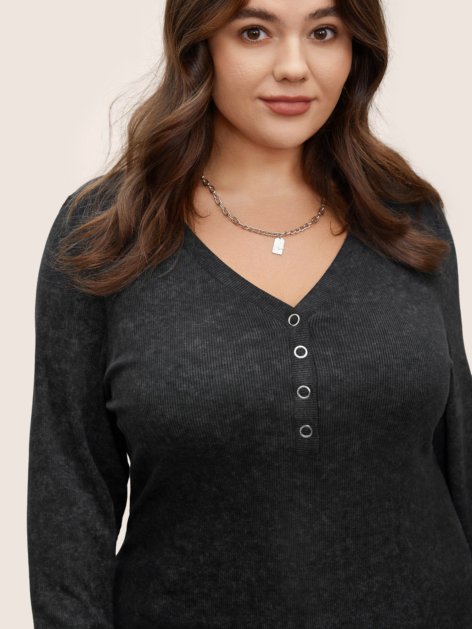 Plus Size Vintage Textured Button Up T-shirt Black Women Casual Texture Plain V-neck Everyday T-shirts BloomChic 14-16/1X 