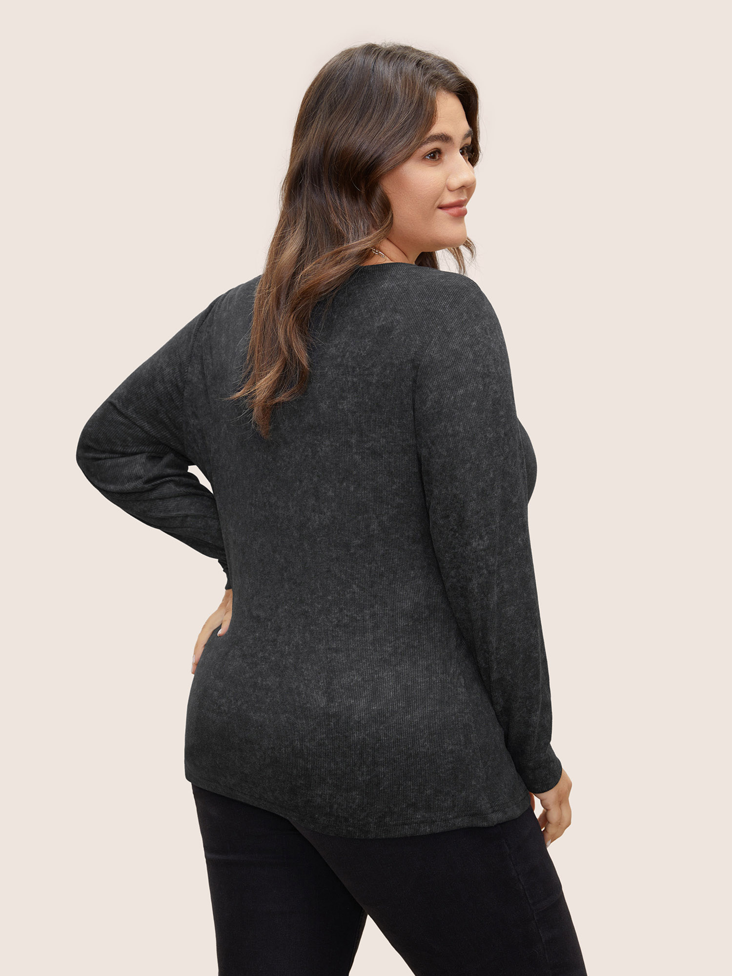 Plus Size Vintage Textured Button Up T-shirt Black Women Casual Texture Plain V-neck Everyday T-shirts BloomChic 14-16/1X 