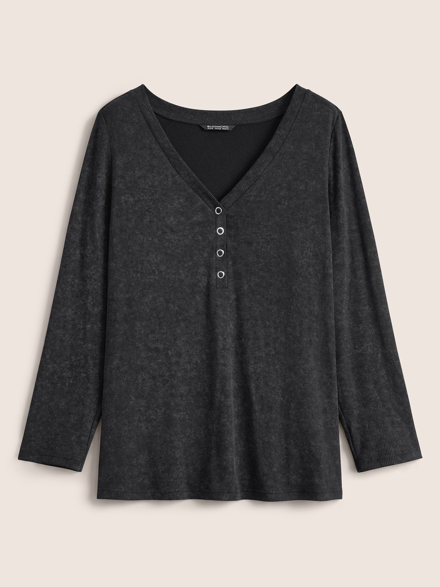 Plus Size Vintage Textured Button Up T-shirt Black Women Casual Texture Plain V-neck Everyday T-shirts BloomChic 14-16/1X 