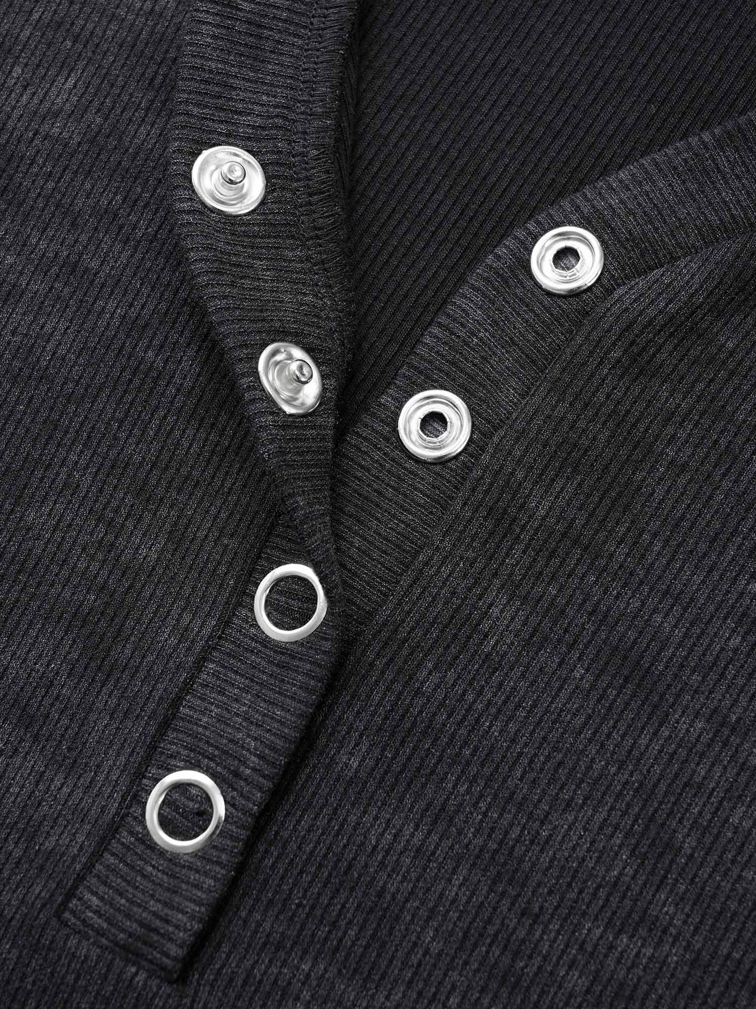 Plus Size Vintage Textured Button Up T-shirt Black Women Casual Texture Plain V-neck Everyday T-shirts BloomChic 14-16/1X 