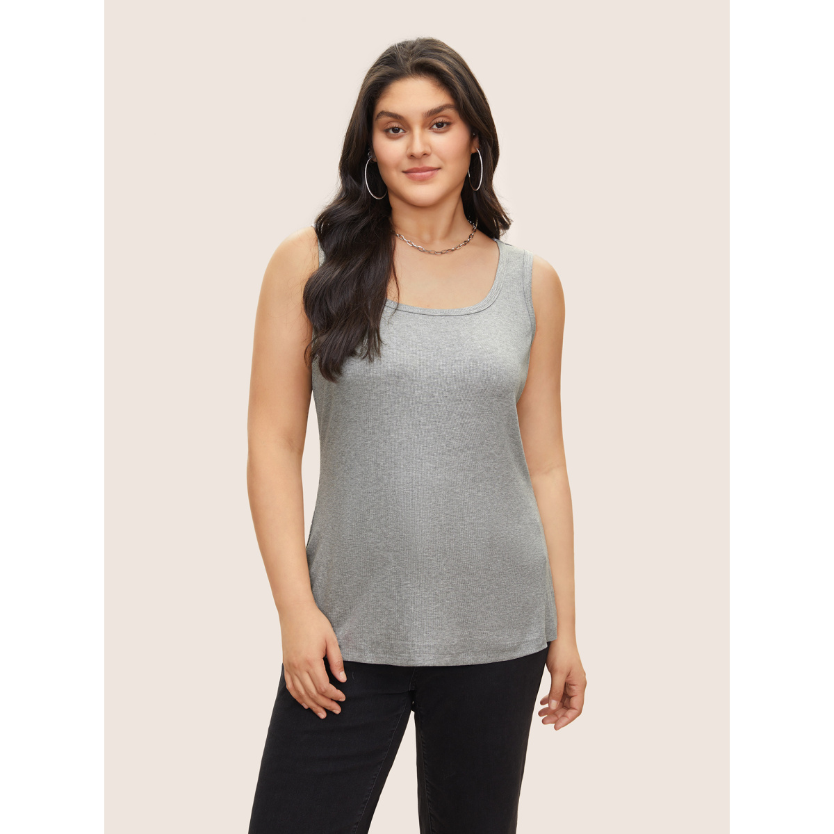 

Plus Size Basic Solid Knit Tank Top Women Gray Basics Non Square Neck Everyday Tank Tops Camis BloomChic