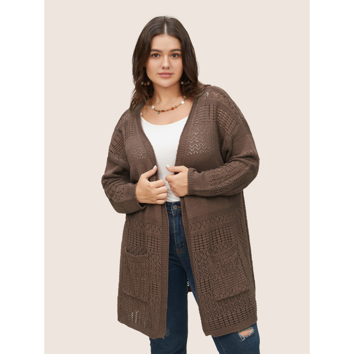 

Plus Size Solid Geometric Hollow Out Pocket Cardigan DarkBrown Women Casual Everyday Cardigans BloomChic