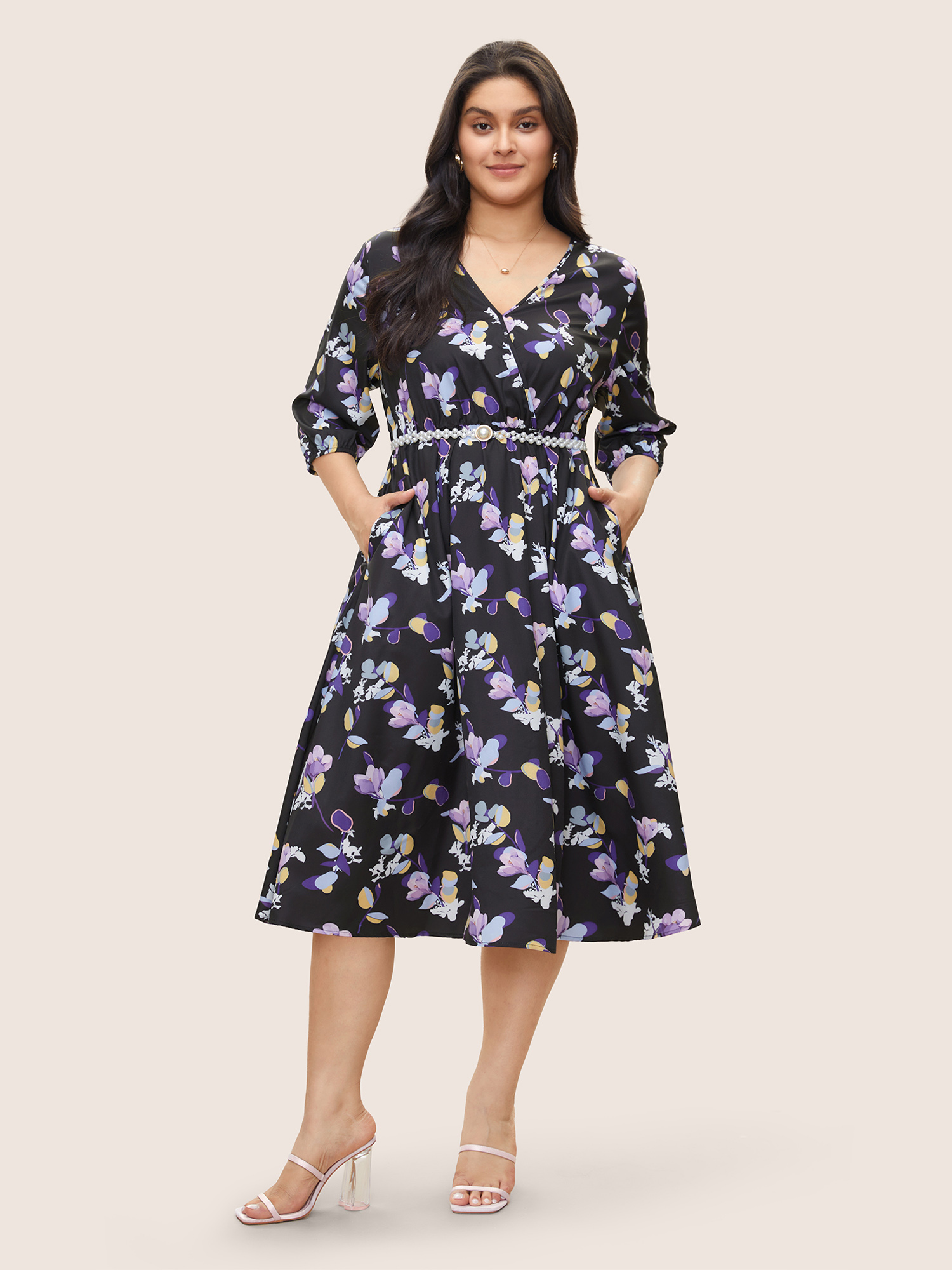 

Plus Size Floral Wrap Elastic Waist Lantern Sleeve Cropped Dress Black Women Elegant Non Overlap Collar Elbow-length sleeve Curvy Midi Dress BloomChic