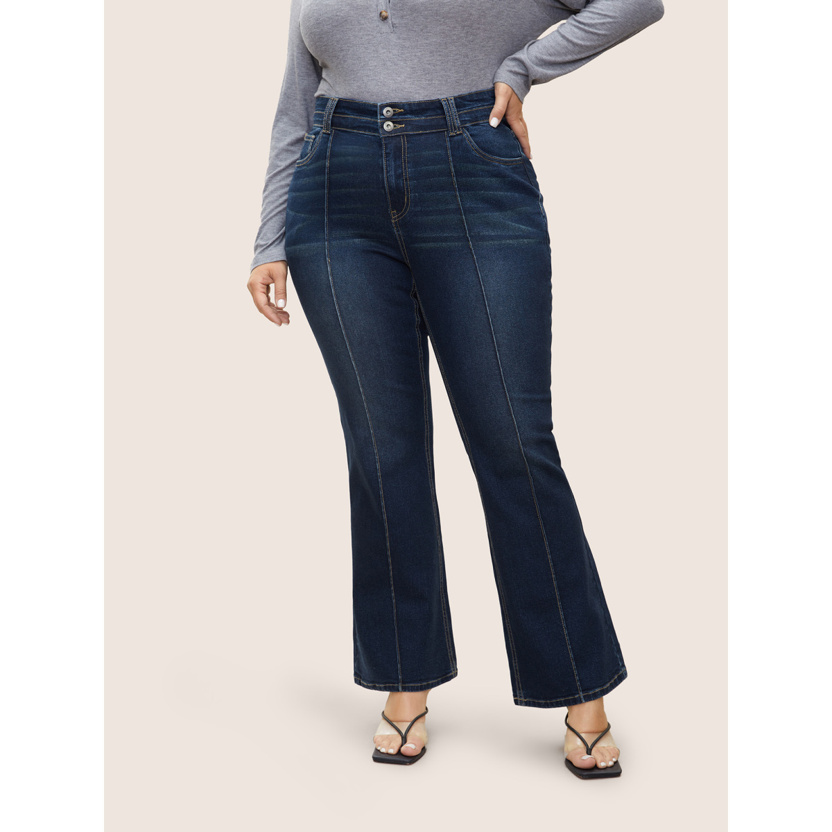 

Plus Size Bootcut Seam Detail Button Up Full Length Jeans Women Indigo Casual Plain Non High stretch Slanted pocket Jeans BloomChic