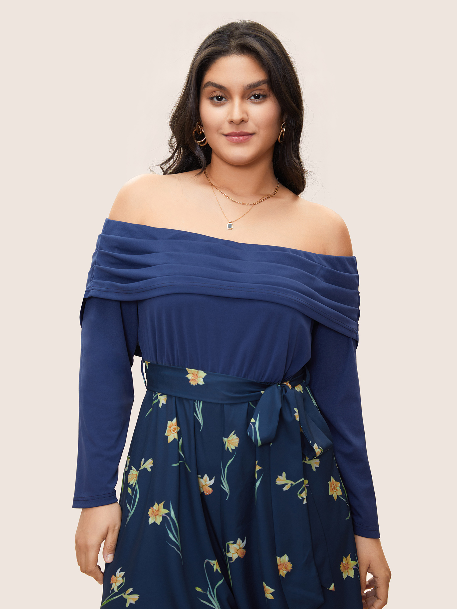 

Plus Size Indigo Off Shoulder Floral Patchwork Ruched Belted Jumpsuit Women Elegant Long Sleeve One-shoulder neck Everyday Loose Jumpsuits BloomChic