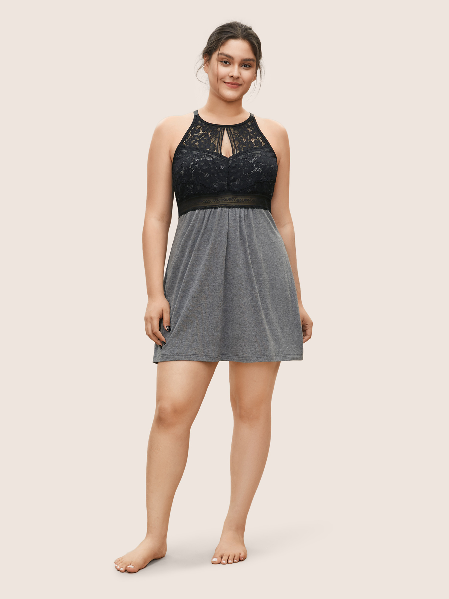 

Plus Size Lace Patchwork Contrast Cut Out Sleep Dress DimGray Sleeveless Round Neck Lounge Everyday  Bloomchic