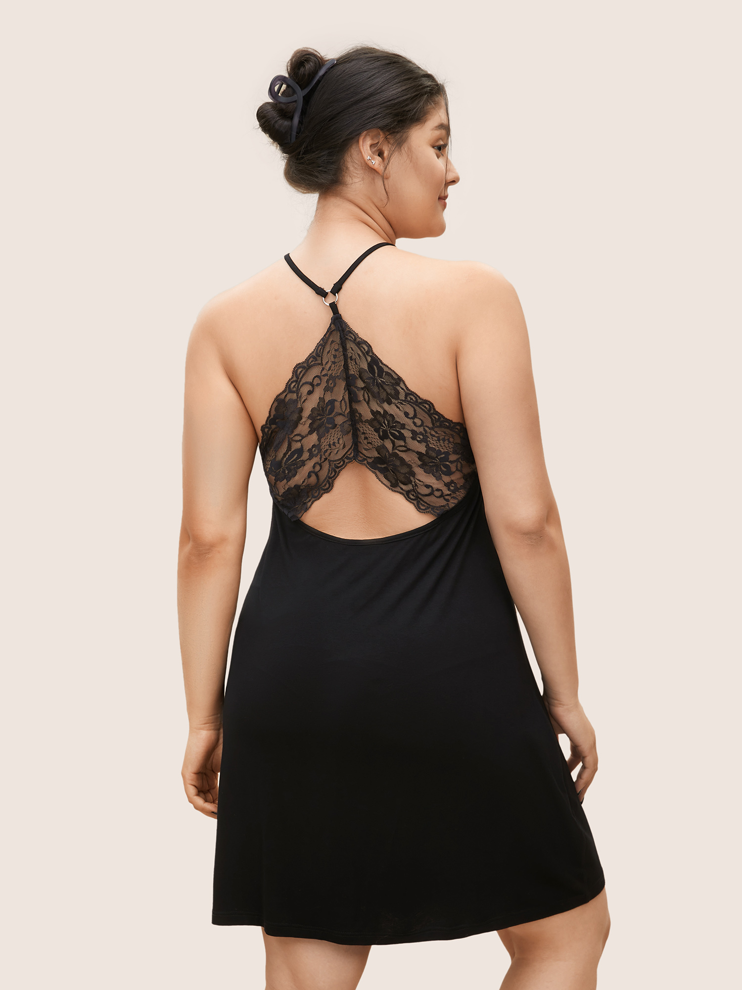 

Plus Size Lace Panel Halter Cut Out Sleep Dress Black Sleeveless Halter neck Lounge Everyday  Bloomchic