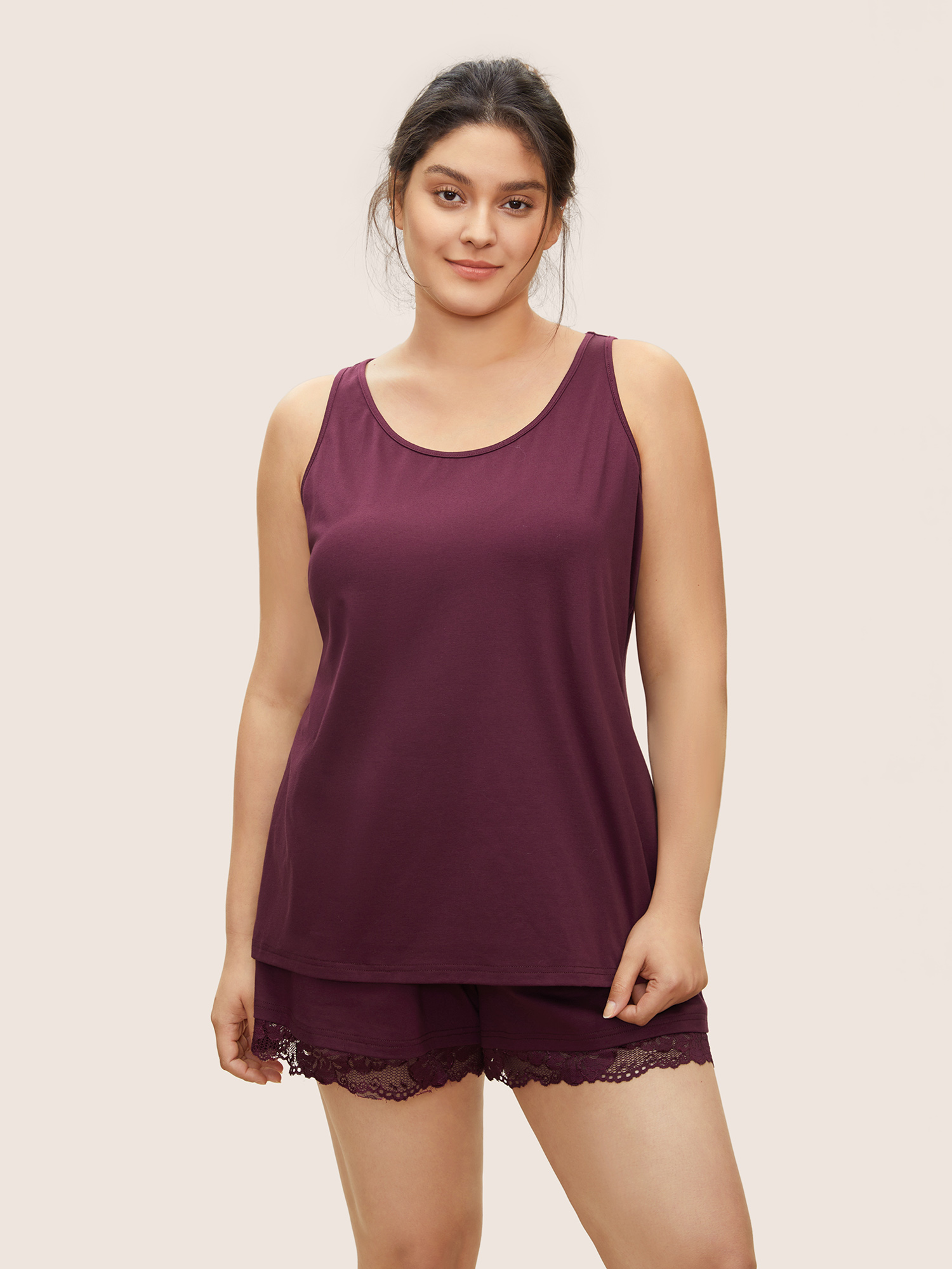 

Plus Size Solid Lace Panel Sleeveless Sleep Top Burgundy Plain Sleeveless Round Neck Everyday Lounge  Bloomchic