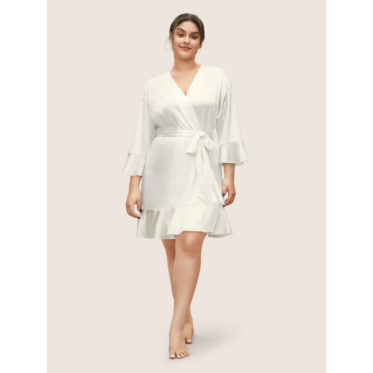 

Plus Size Solid Rhinestone Flutter Sleeve Belted Robe White Plain Non Everyday Lounge Robes/Robes Sets  Bloomchic
