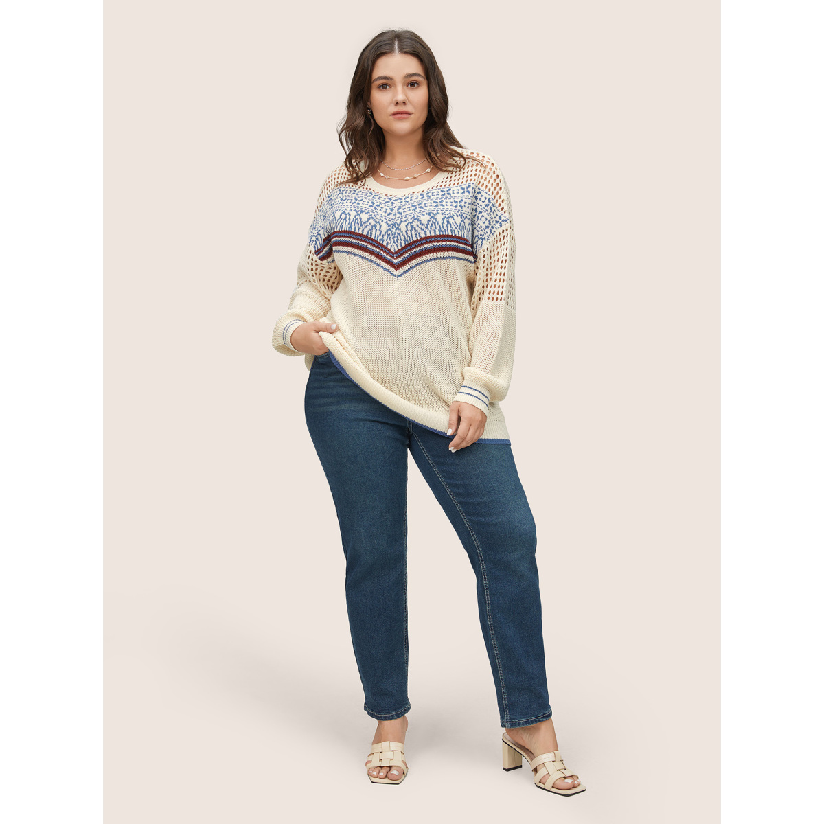 

Plus Size Graphic Contrast Patchwork Hollow Out Pullover Beige Women Casual Long Sleeve Round Neck Everyday Pullovers BloomChic