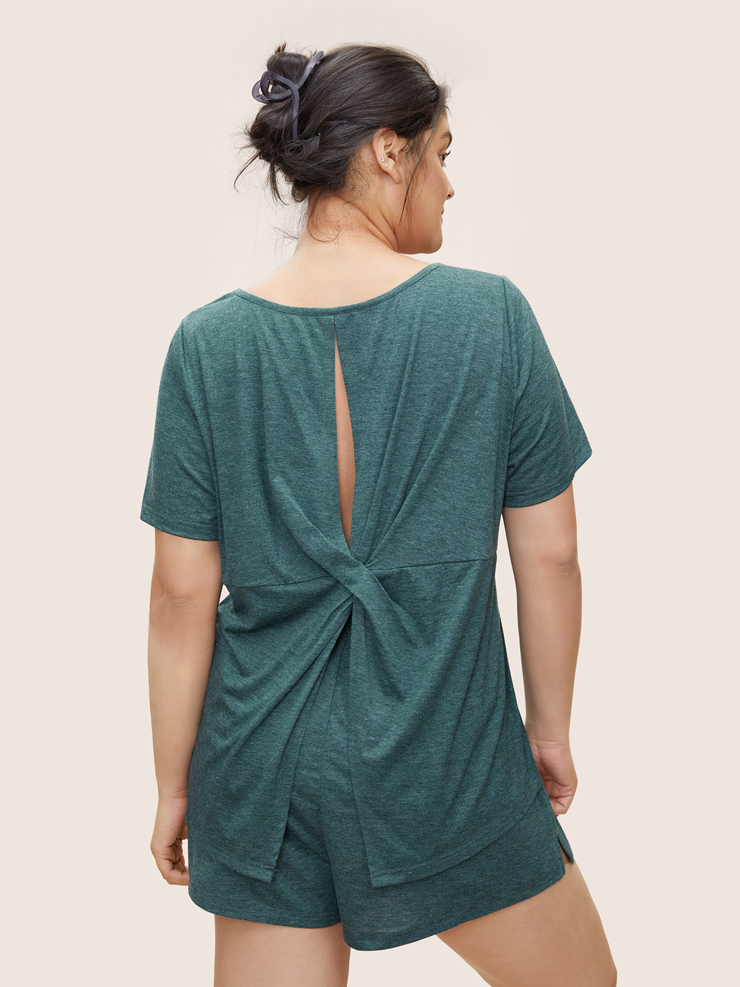 

Plus Size Solid Heather Cut Out Sleep Top Cyan Plain Short sleeve Round Neck Everyday Lounge  Bloomchic