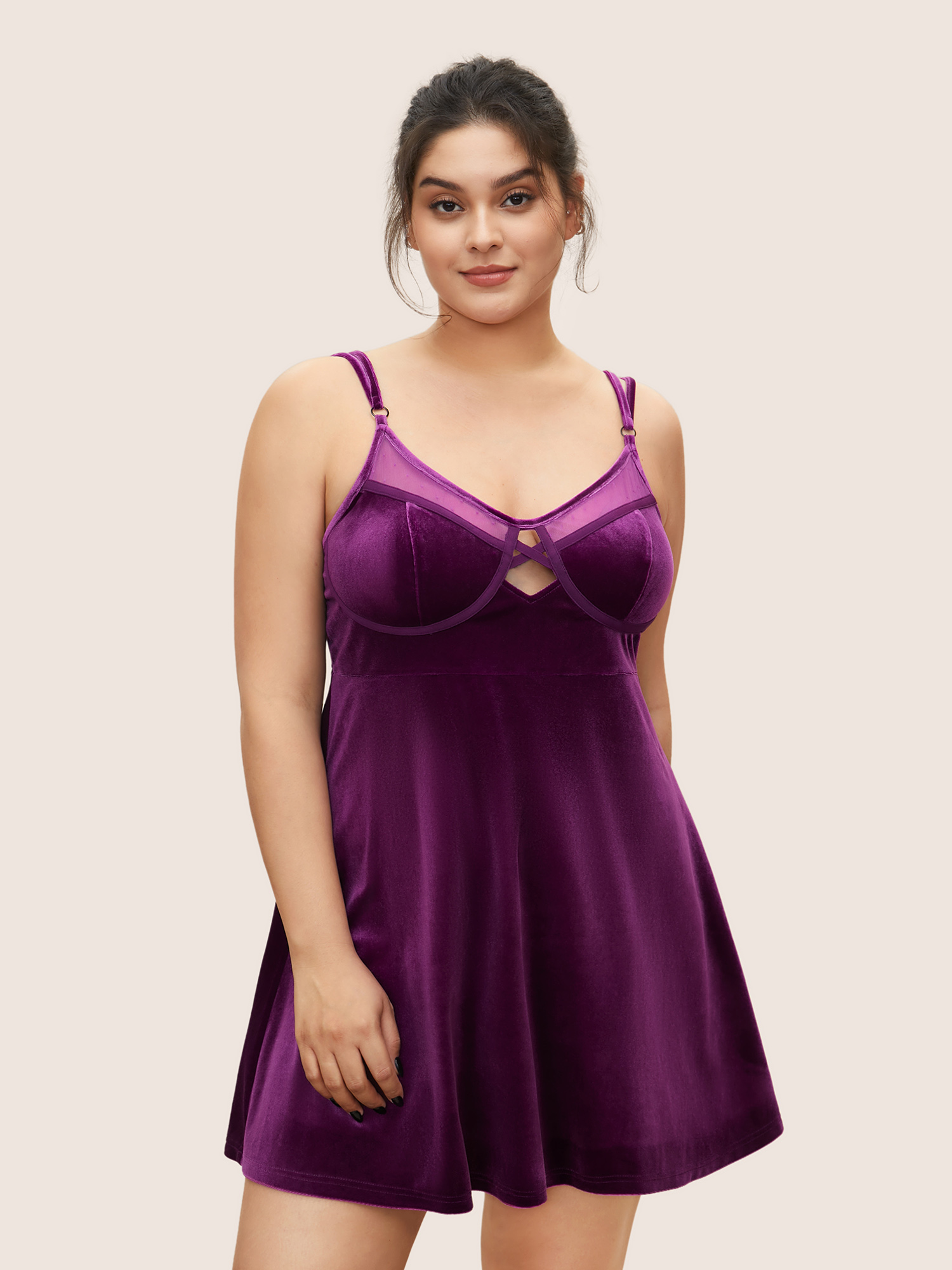 

Plus Size Solid Mesh Patchwork Velvet Keyhole Sleep Dress Purple Sleeveless V-neck Lounge Everyday  Bloomchic