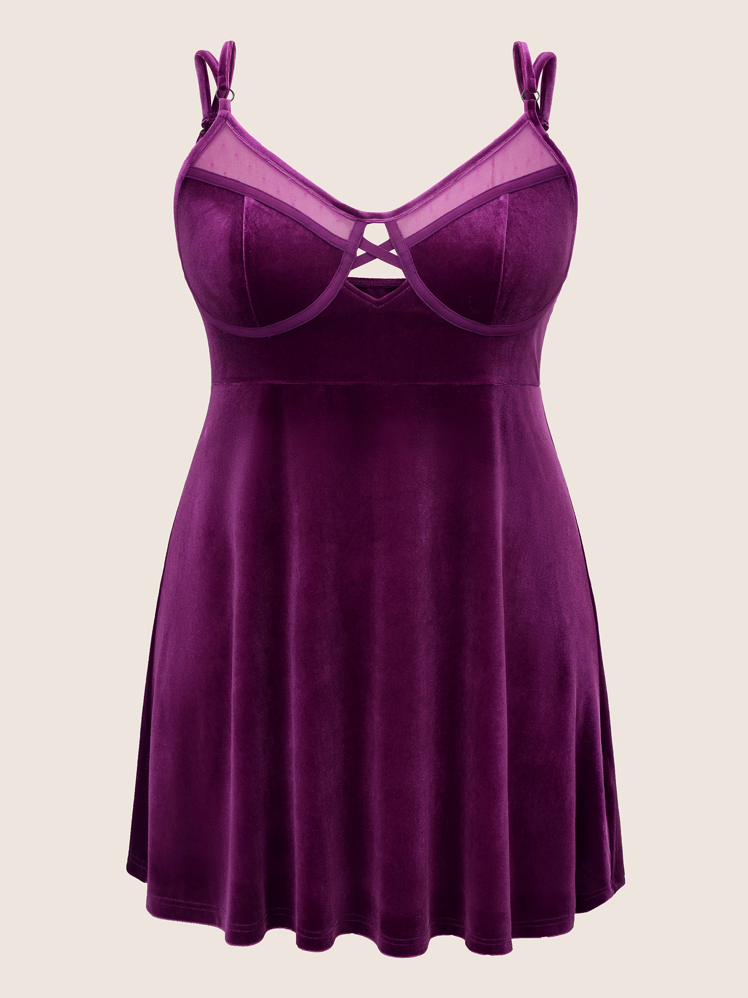 

Plus Size Solid Mesh Patchwork Velvet Keyhole Sleep Dress Purple Sleeveless V-neck Lounge Everyday  Bloomchic