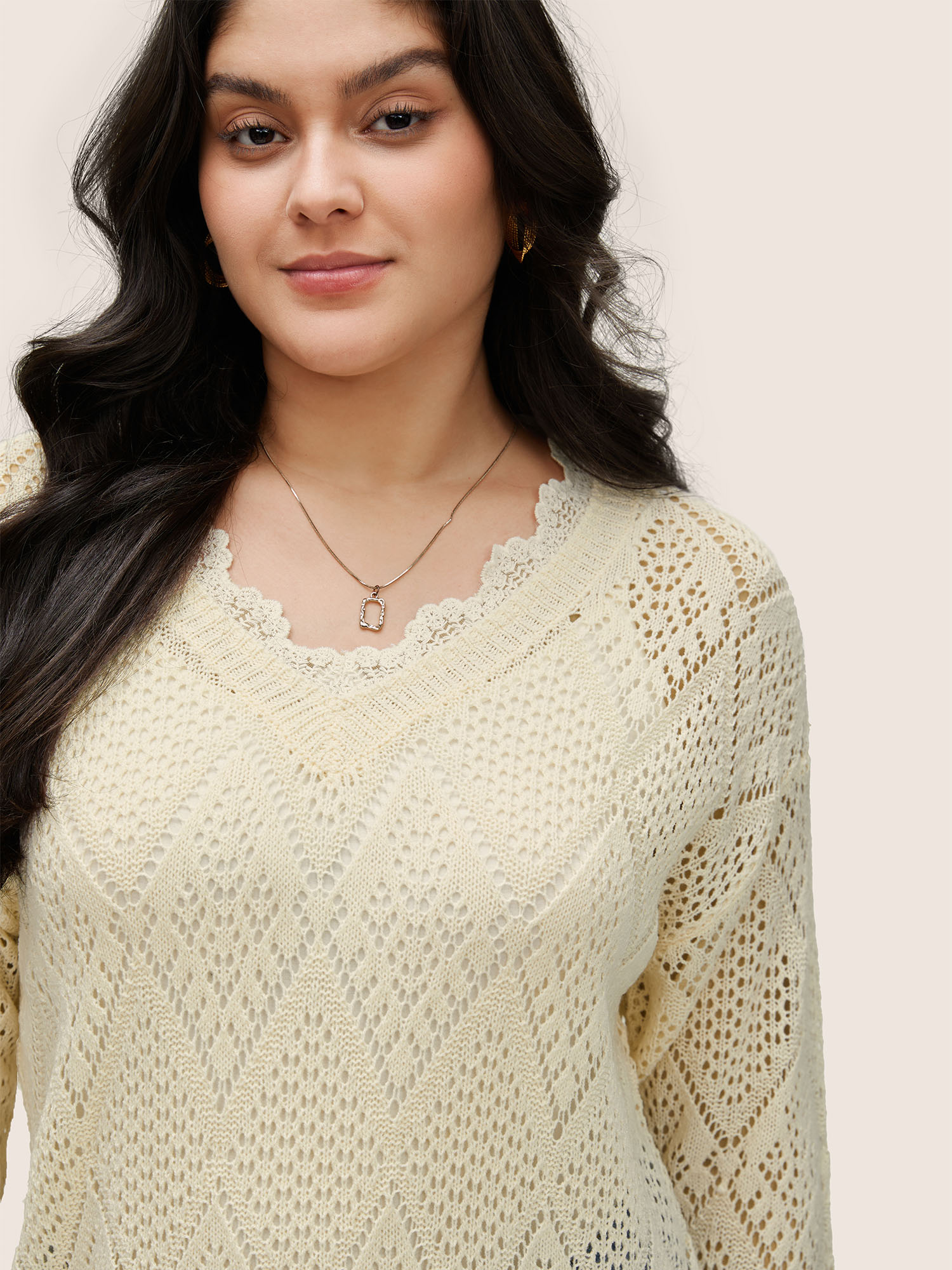 

Plus Size Geometric Hollow Out Mesh Lace Panel Pullover Apricot Women Elegant Long Sleeve V-neck Everyday Pullovers BloomChic