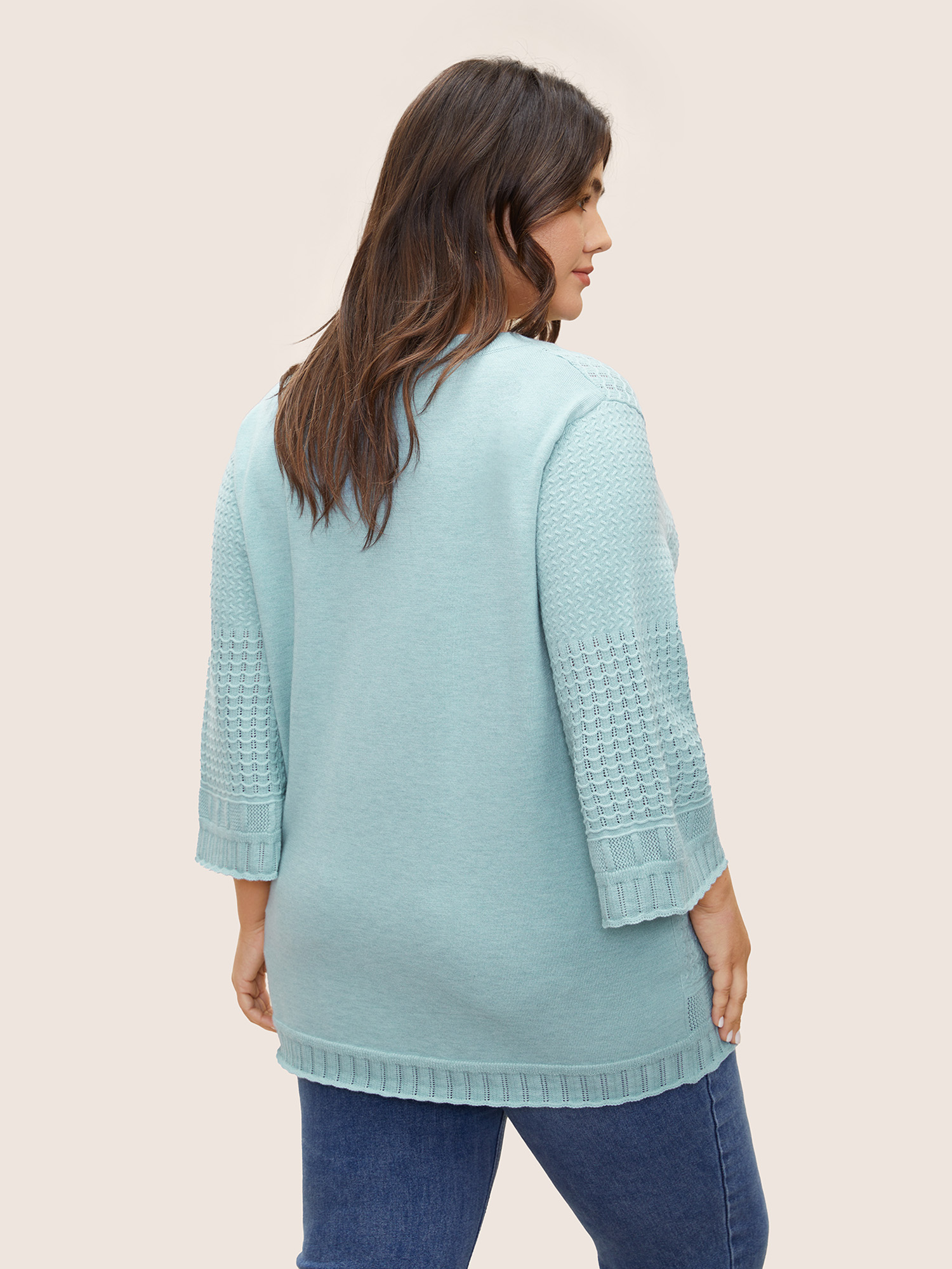 

Plus Size Jacquard Hollow Out Crew Neck Bell Sleeve Pullover LightBlue Women Casual Elbow-length sleeve Round Neck Everyday Pullovers BloomChic