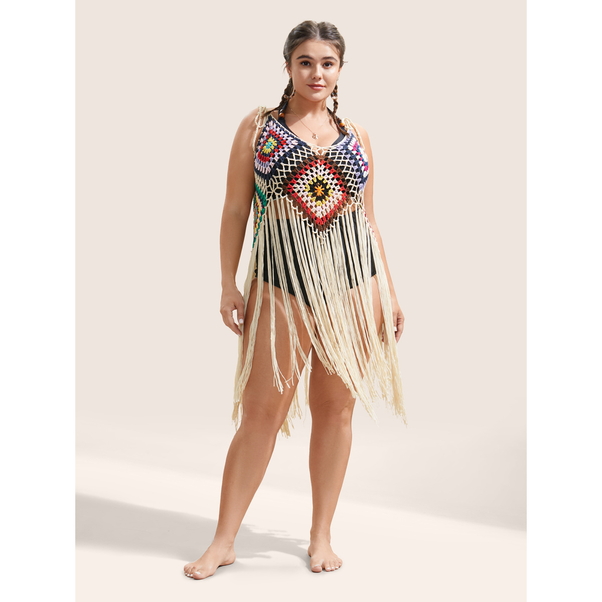 

Plus Size Geometric Crochet Fringe Hem Swim Cover Up Women's Swimwear Apricot Beach Texture Curve Swim Cover Ups BloomChic