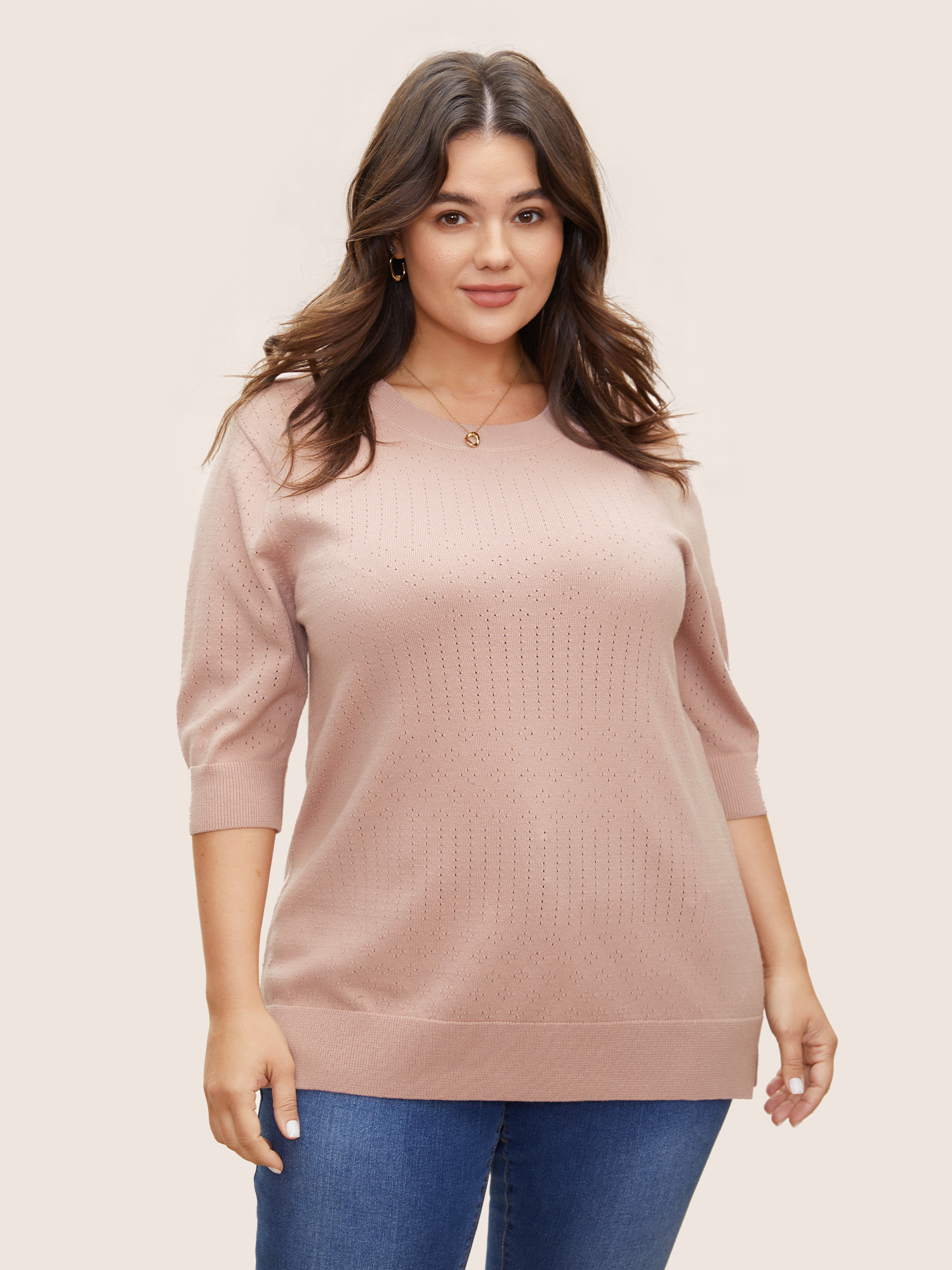 

Plus Size Supersoft Essentials Solid Pointelle Knit Pullover MistyRose Women Casual Half Sleeve Round Neck Everyday Pullovers BloomChic