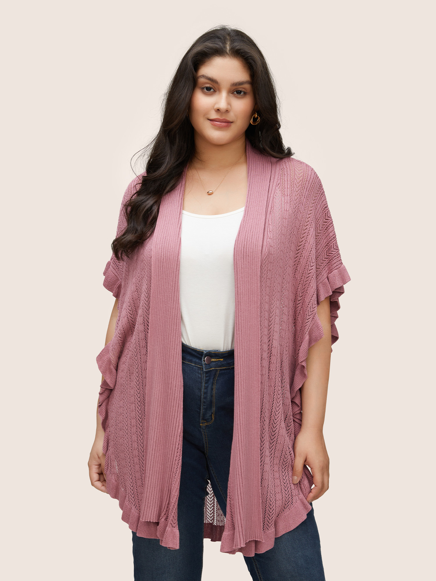 

Plus Size Solid Ruffles Dolman Sleeve Split Hem Cardigan DustyPink Women Elegant Cap Sleeve Everyday Cardigans BloomChic