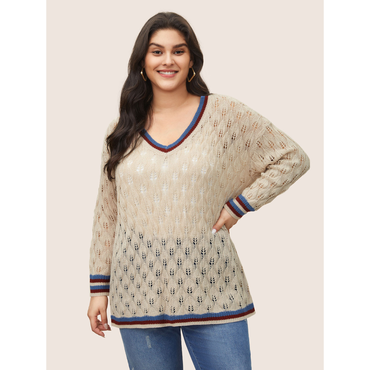 

Contrast Striped Texture Hollow Out Pullover Plus Size Apricot Women Texture Plain V-neck Long Sleeve  Bloomchic