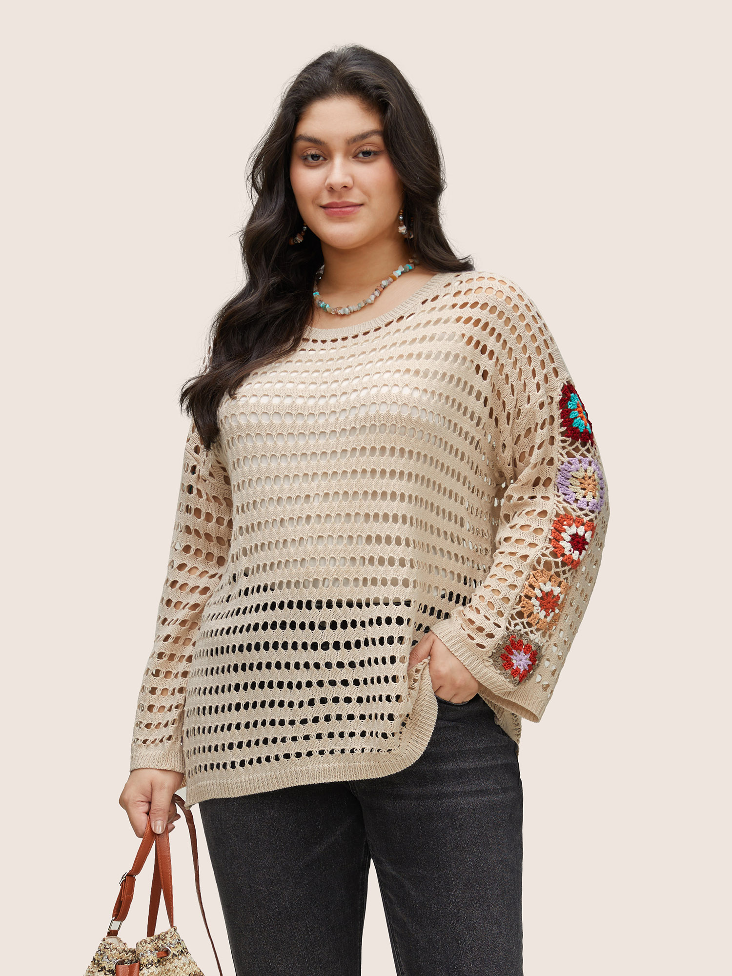 

Plus Size Floral Crochet Pointelle Knit Cover Up Apricot Long Sleeve Round Neck Resort Knit Tops  Bloomchic