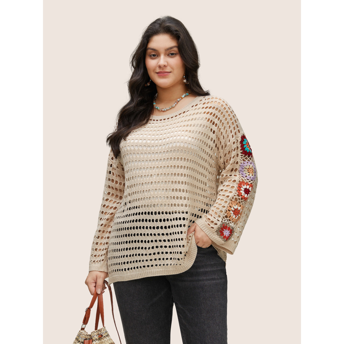 

Plus Size Floral Crochet Pointelle Knit Cover Up Apricot Long Sleeve Round Neck Resort Knit Tops  Bloomchic