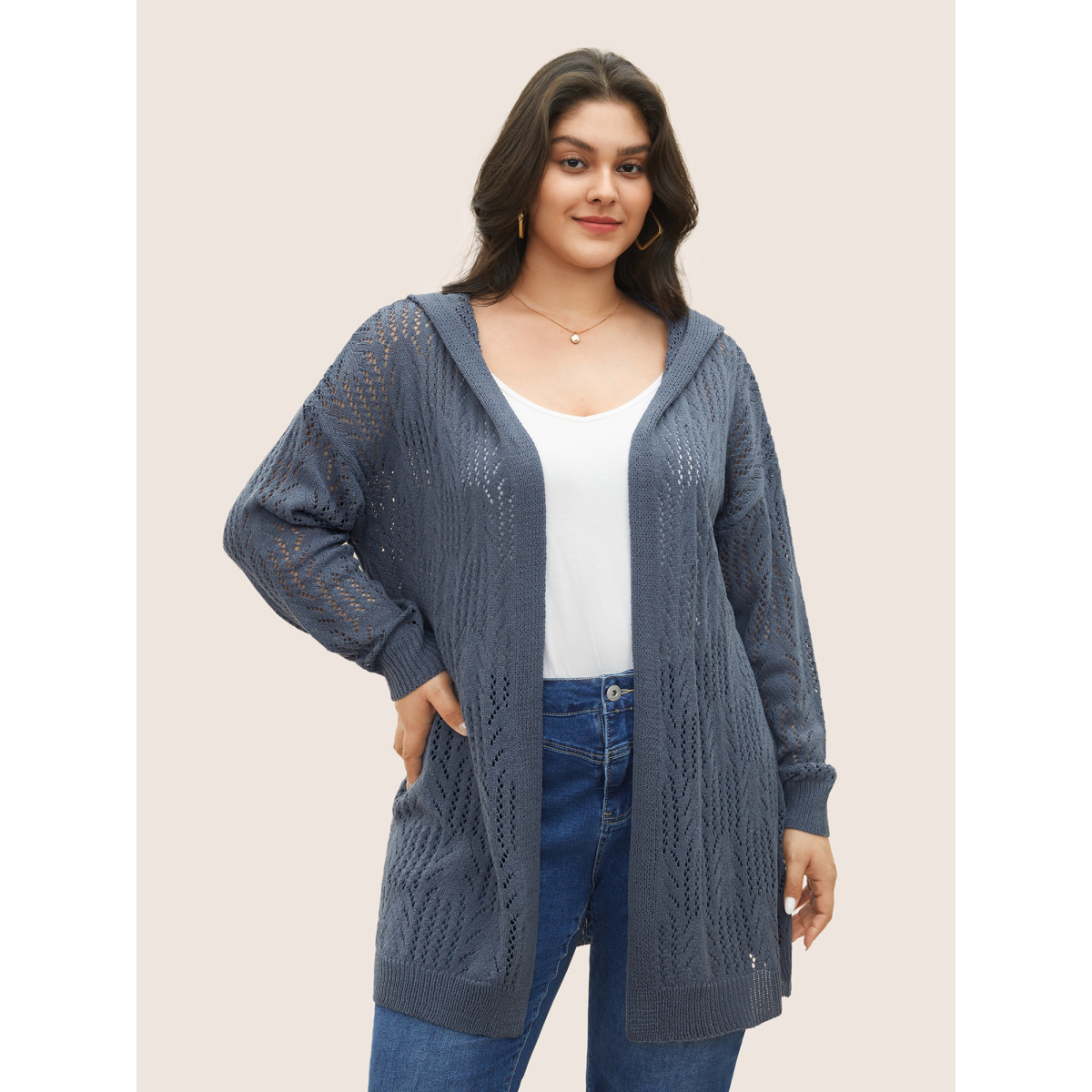 

Plus Size Solid Hollow Out Hooded Cardigan Stone Women Casual Long Sleeve Everyday Cardigans BloomChic
