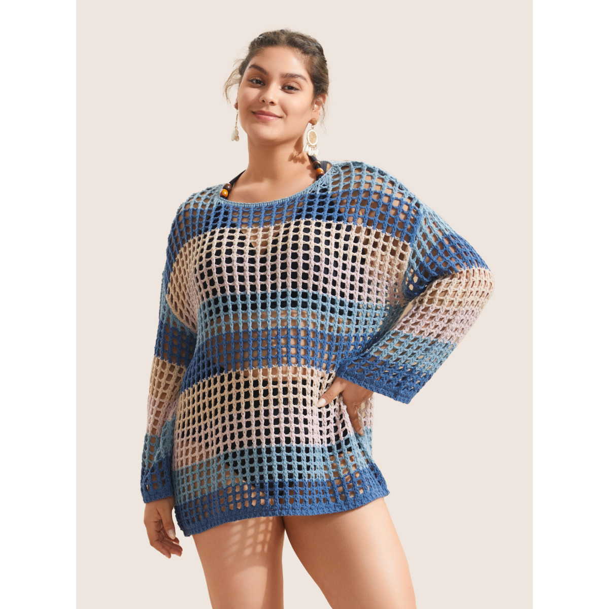 

Plus Size Colorblock Contrast Cut Out Mesh Swim Cover Up Women's Swimwear Multicolor Beach Loose See through Curve Swim Cover Ups BloomChic