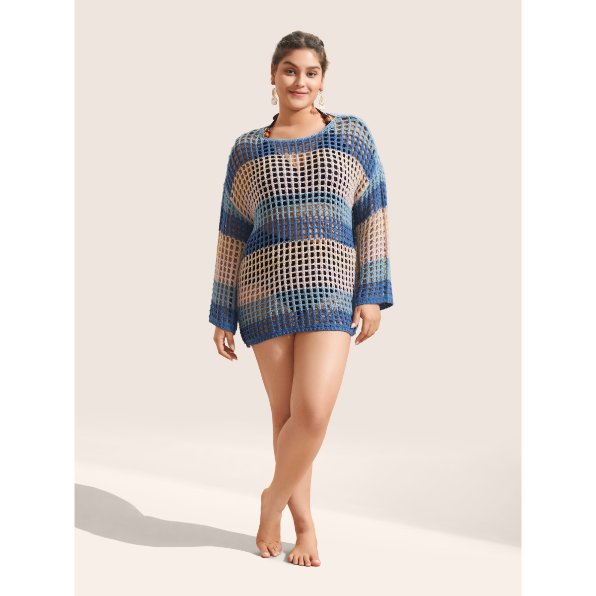 

Plus Size Colorblock Contrast Cut Out Mesh Swim Cover Up Women's Swimwear Multicolor Beach Loose See through Curve Swim Cover Ups BloomChic