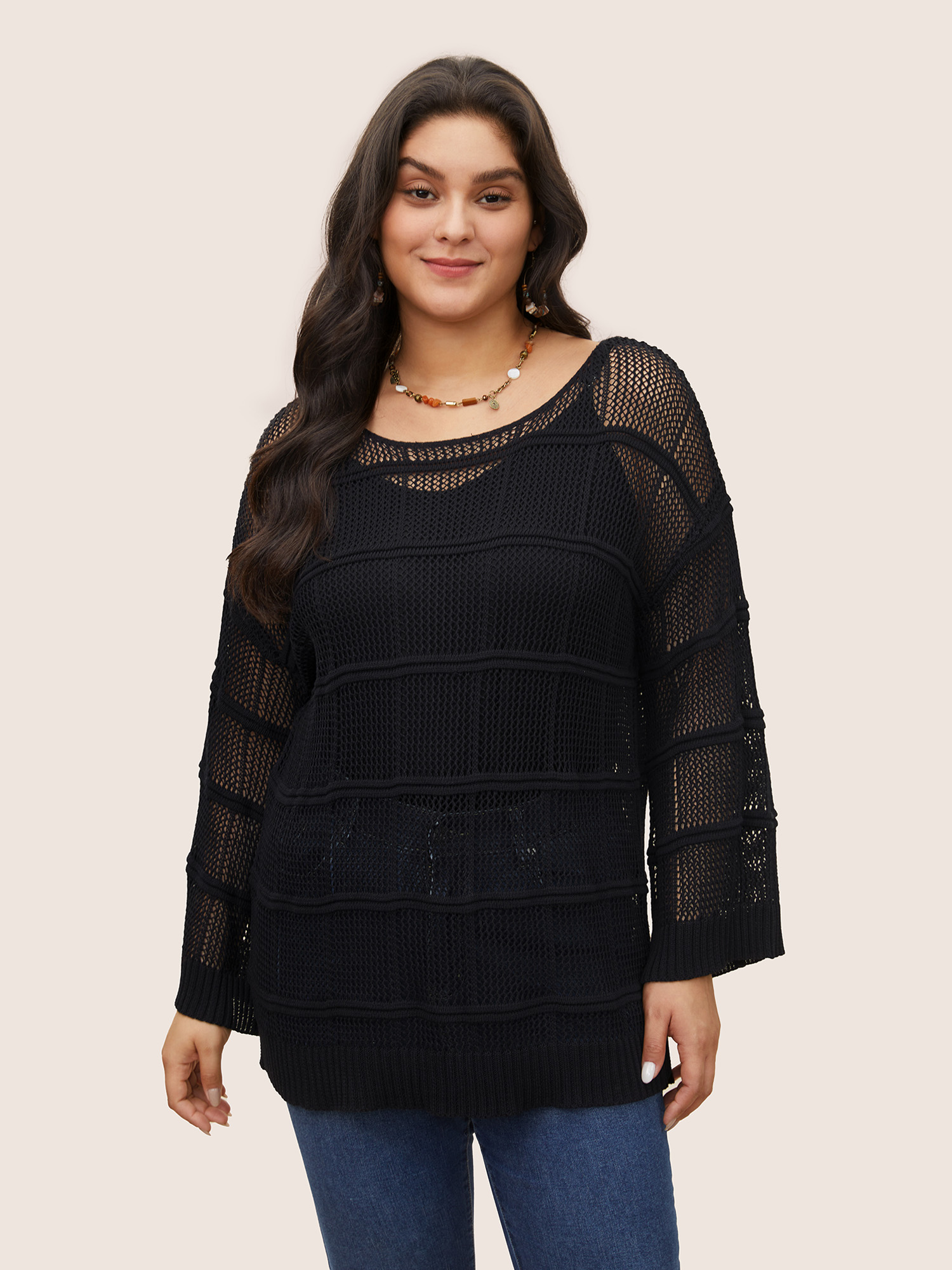 

Plus Size Striped Hollow Out Bell Sleeve Cover Up Black Long Sleeve Round Neck Casual Knit Tops  Bloomchic