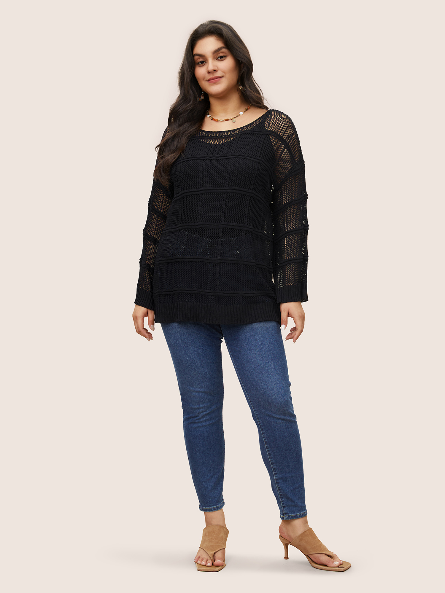Plus Size Striped Hollow Out Bell Sleeve Cover Up Black Long Sleeve Round Neck Casual Knit Tops 30/6X Bloomchic 