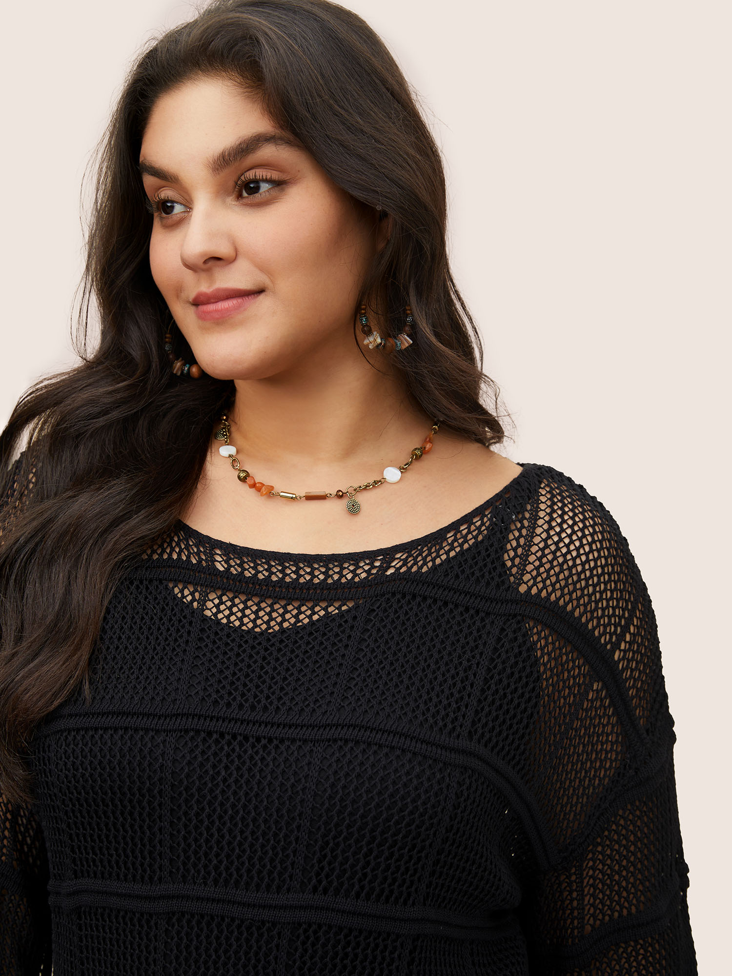 Plus Size Striped Hollow Out Bell Sleeve Cover Up Black Long Sleeve Round Neck Casual Knit Tops 30/6X Bloomchic 
