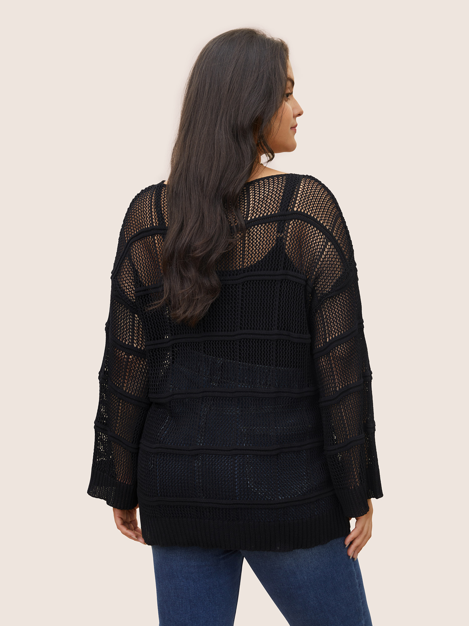 Plus Size Striped Hollow Out Bell Sleeve Cover Up Black Long Sleeve Round Neck Casual Knit Tops 30/6X Bloomchic 
