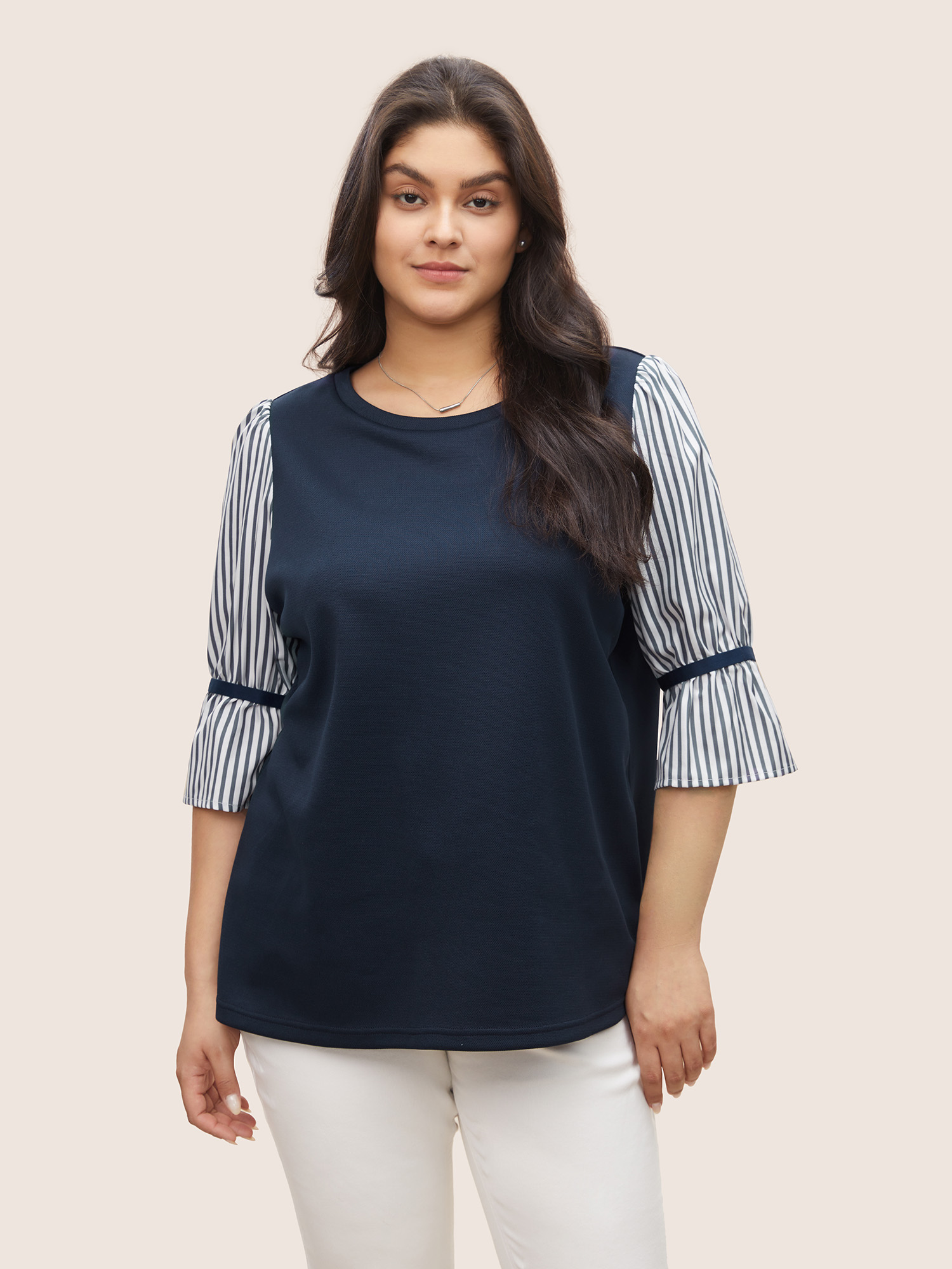 

Plus Size Striped Patchwork Round Neck Sweatshirt Women Indigo At the Office Patchwork Round Neck Work Sweatshirts BloomChic