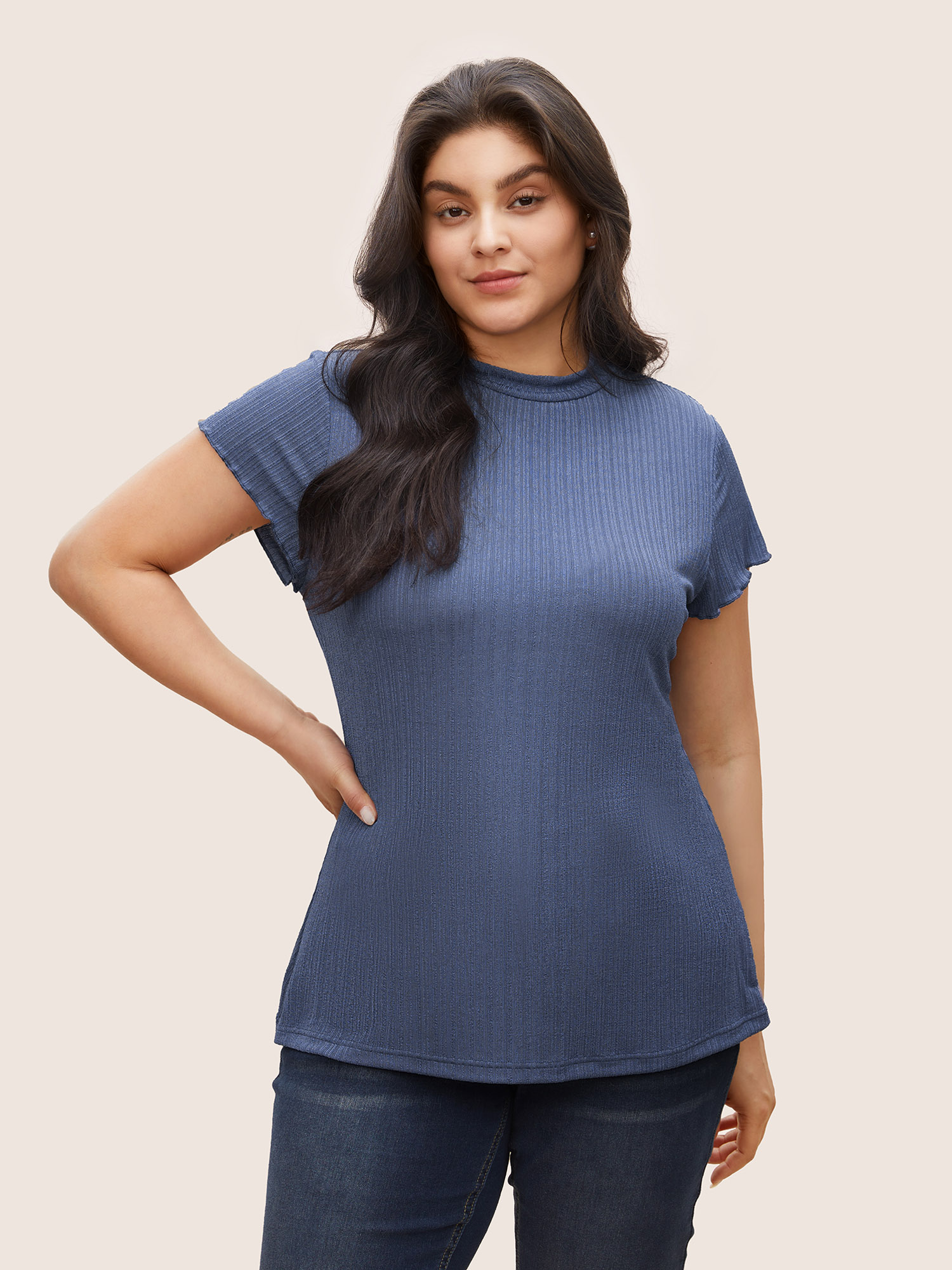 

Plus Size Plain Textured Mock Neck Skinny T-shirt Stone Women Work From Home Non Plain Mock Neck Work T-shirts BloomChic