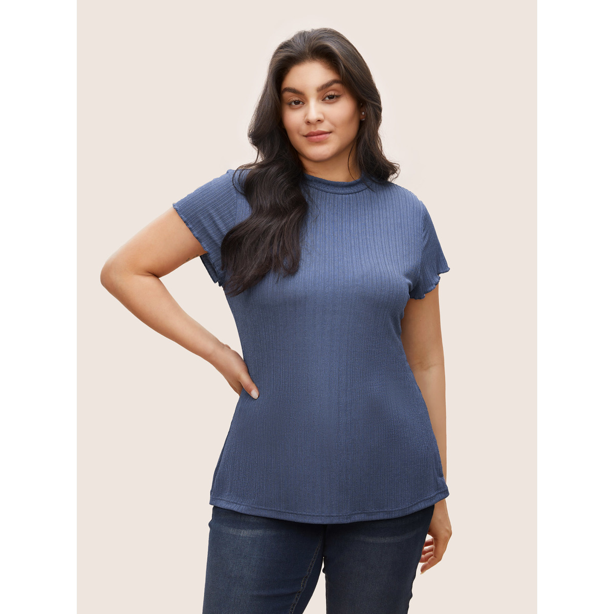 

Plus Size Plain Textured Mock Neck Skinny T-shirt Stone Women Work From Home Non Plain Mock Neck Work T-shirts BloomChic